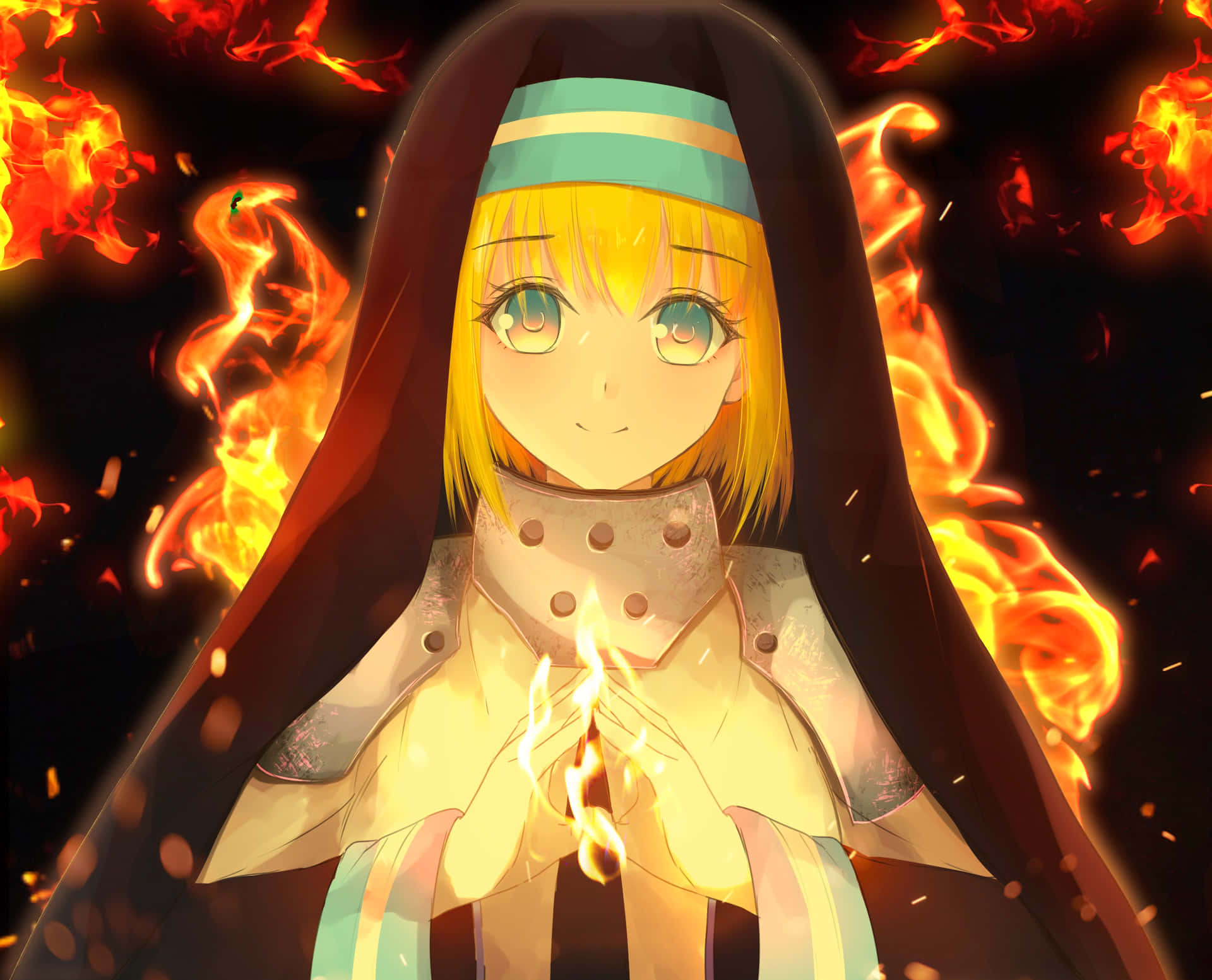 Anime Nunnery With Fire Background