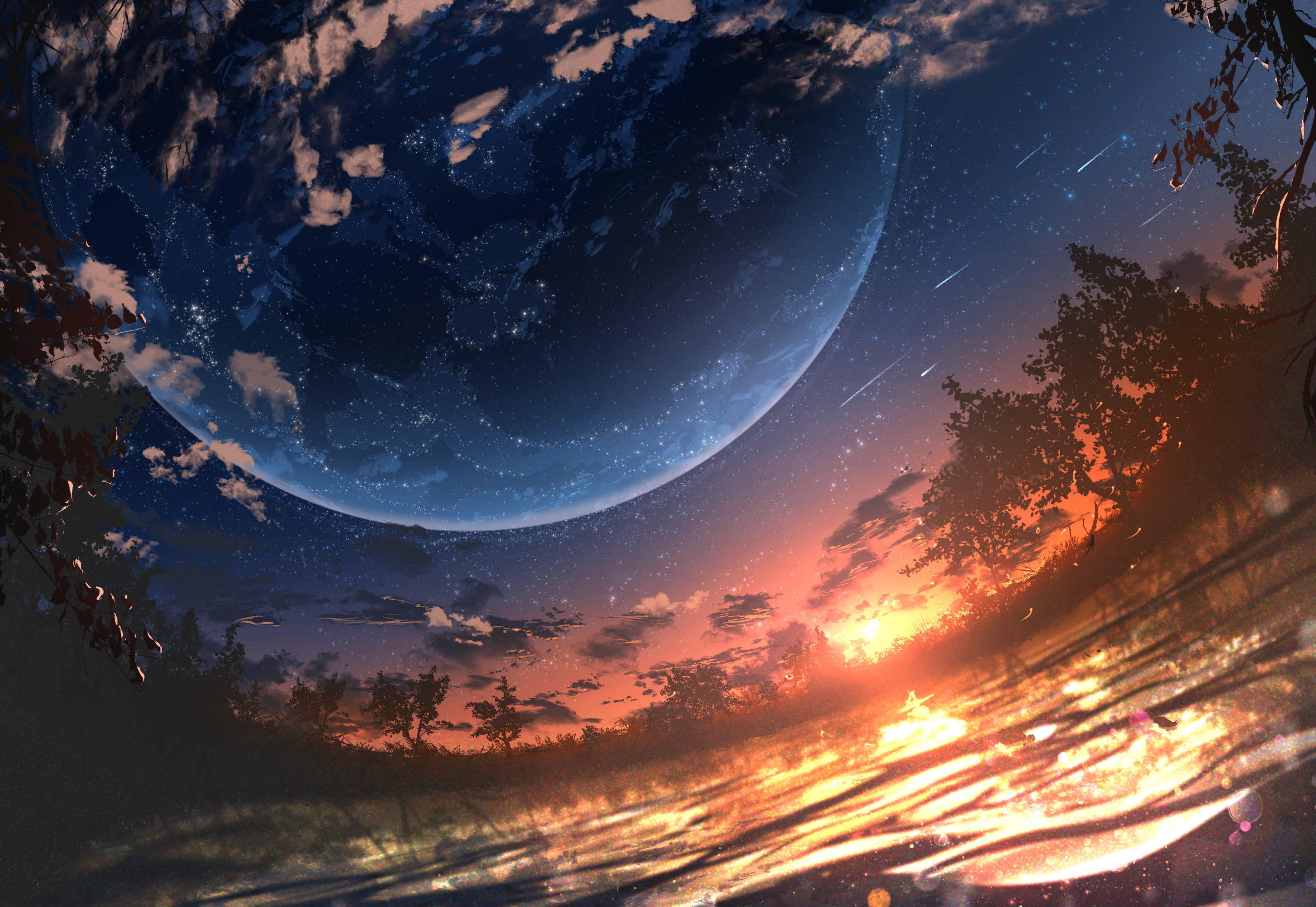 Anime Planet Over Ocean Background