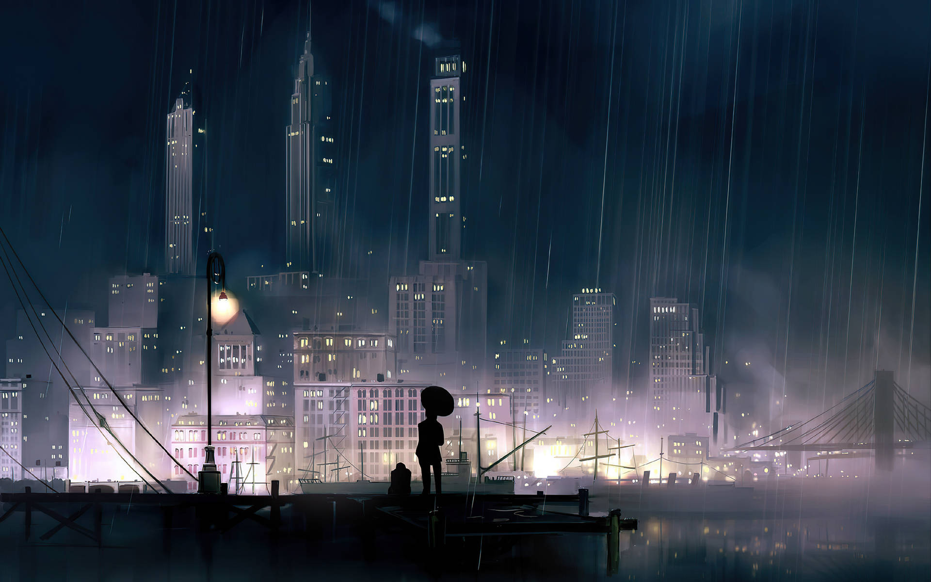 Anime Rainy City At Night Background