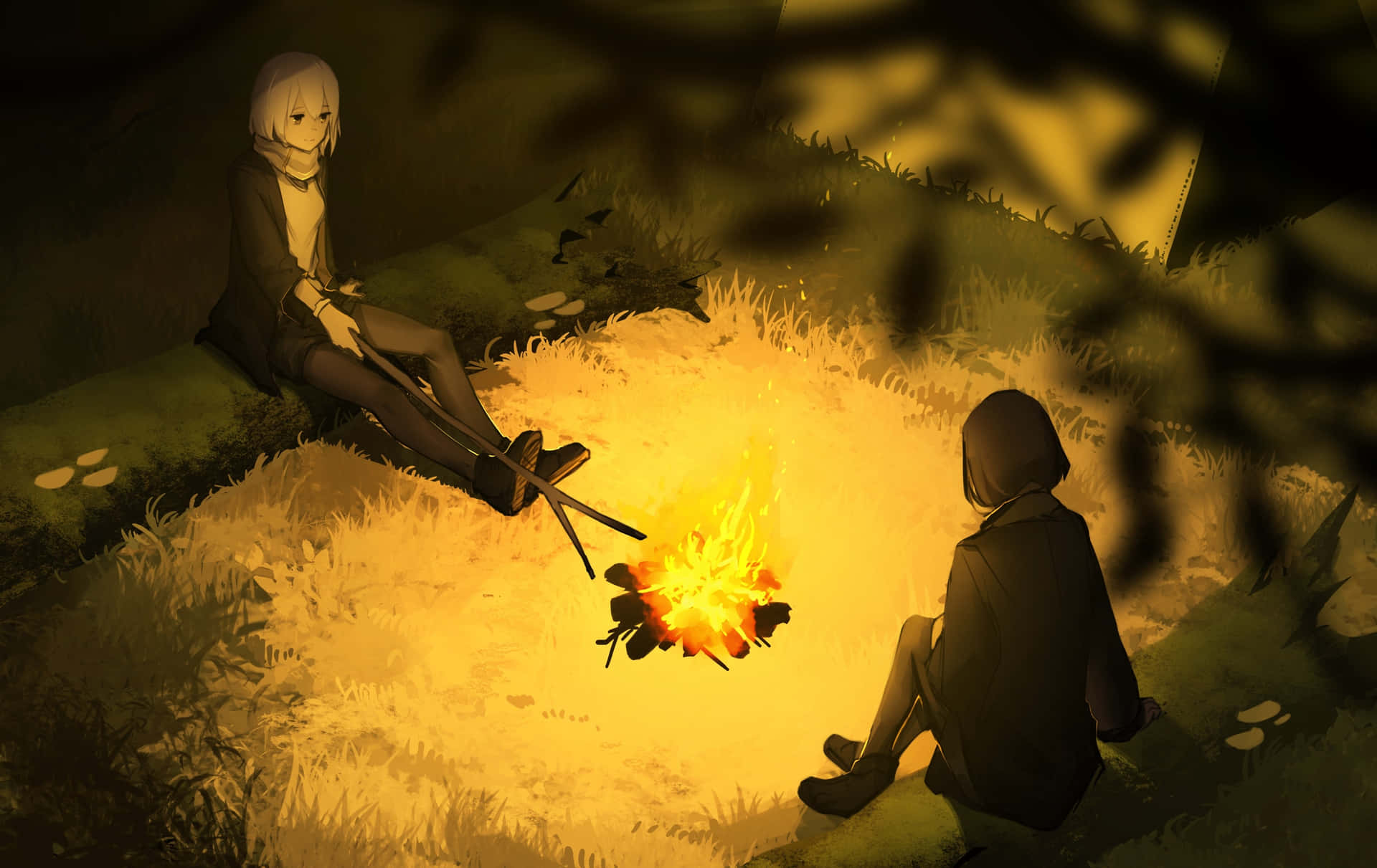 Anime Resting On Campfire Background