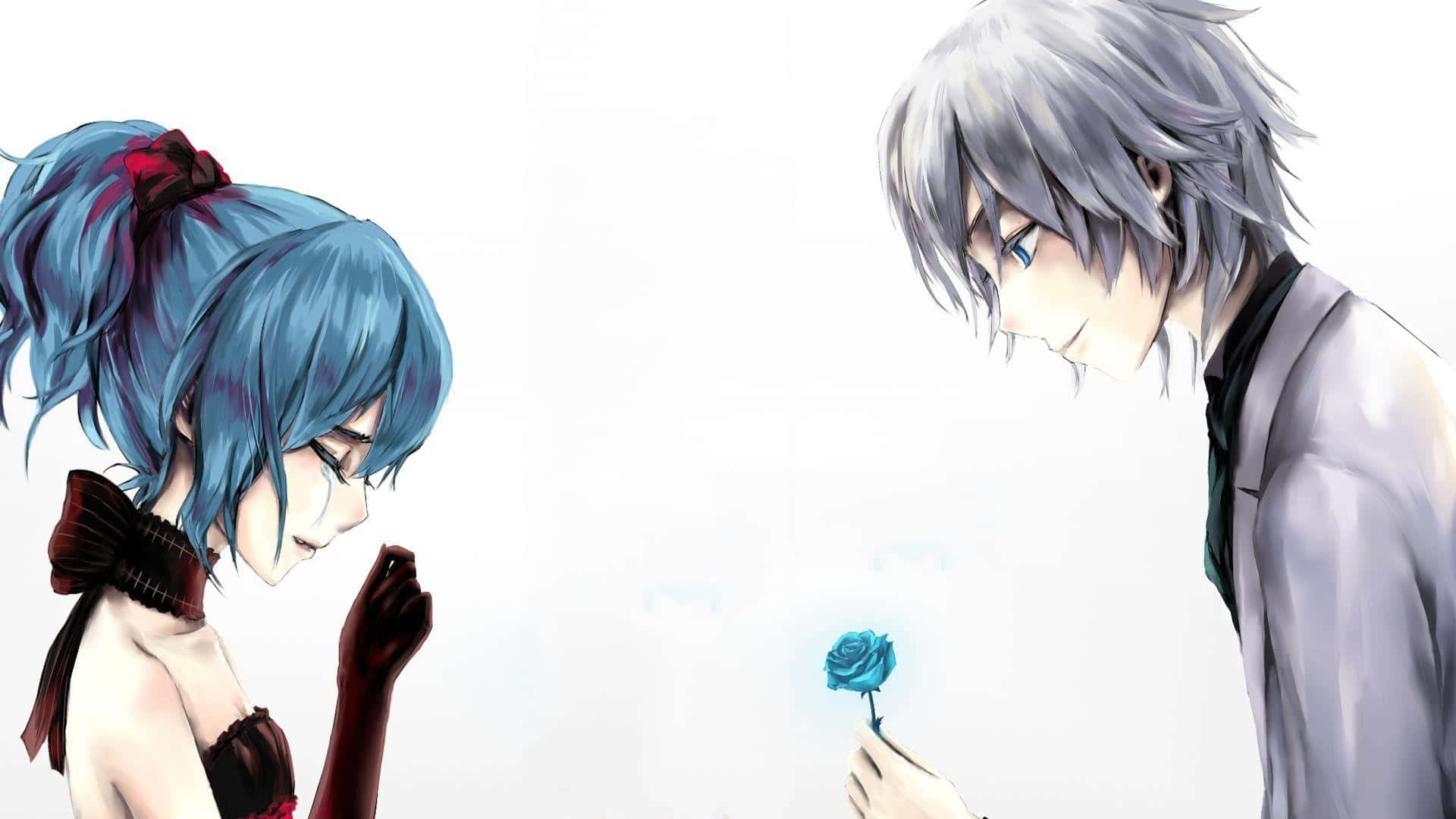 Anime Sad Couple Blue Rose Background