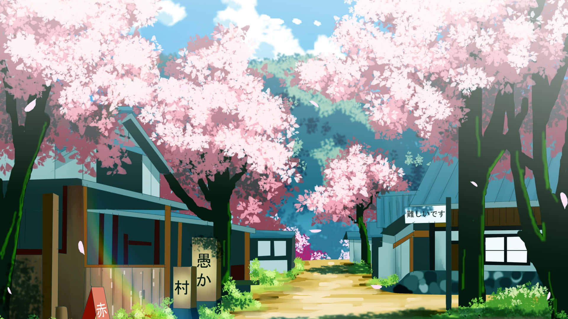 Anime Sakura Blossom Village Scene Background