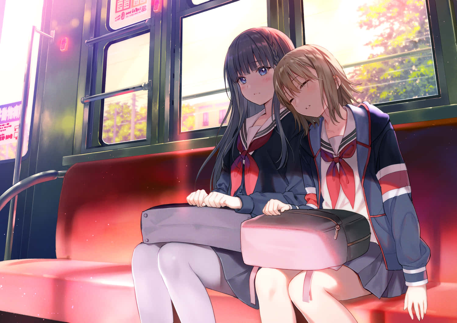 Anime School Girl Cute Bus Background