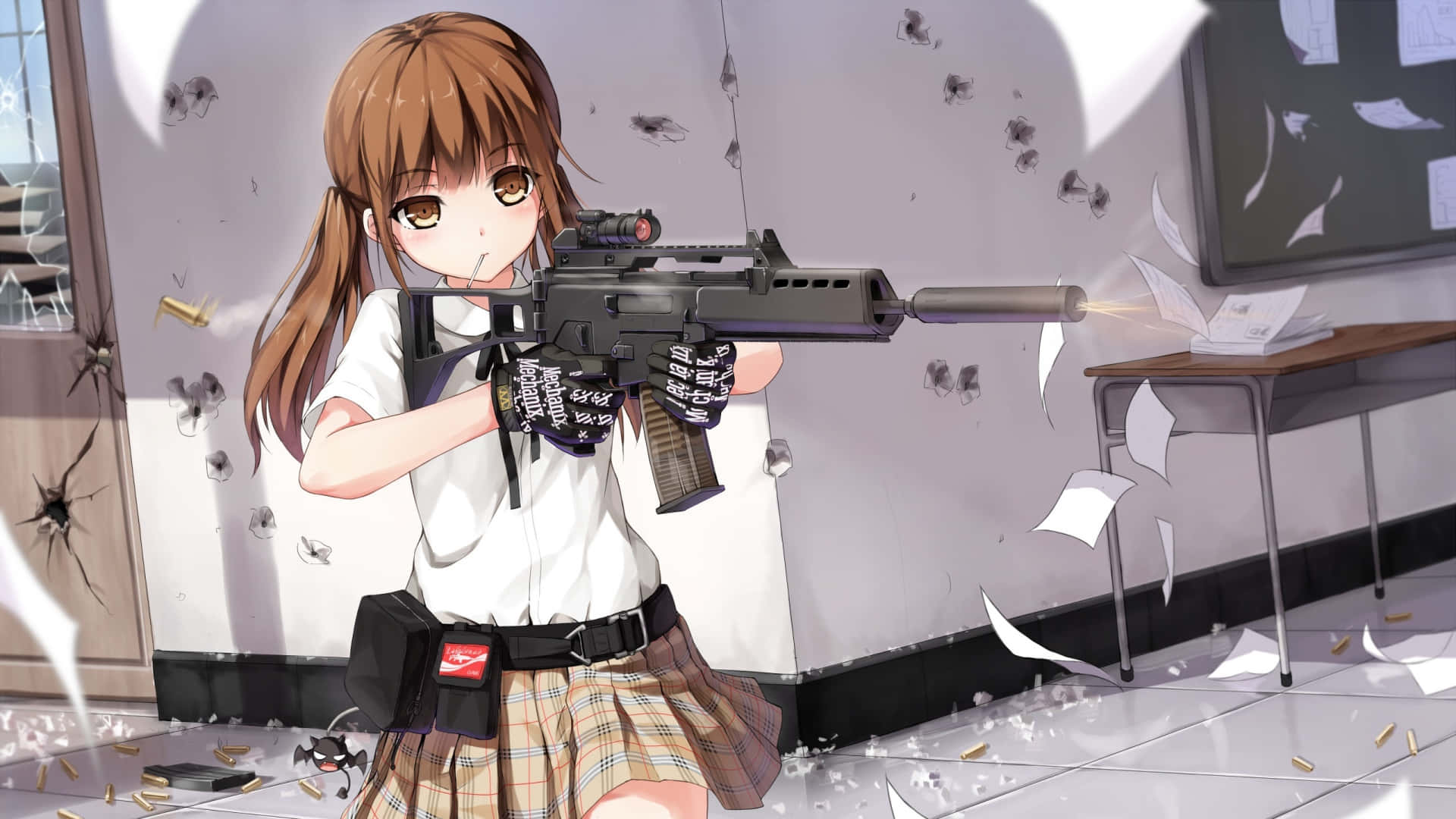 Anime School Girl Cute Rifle Background