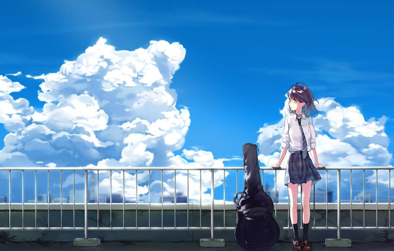 Anime School Scenery Anime Girl Guitar Case Rooftop Background