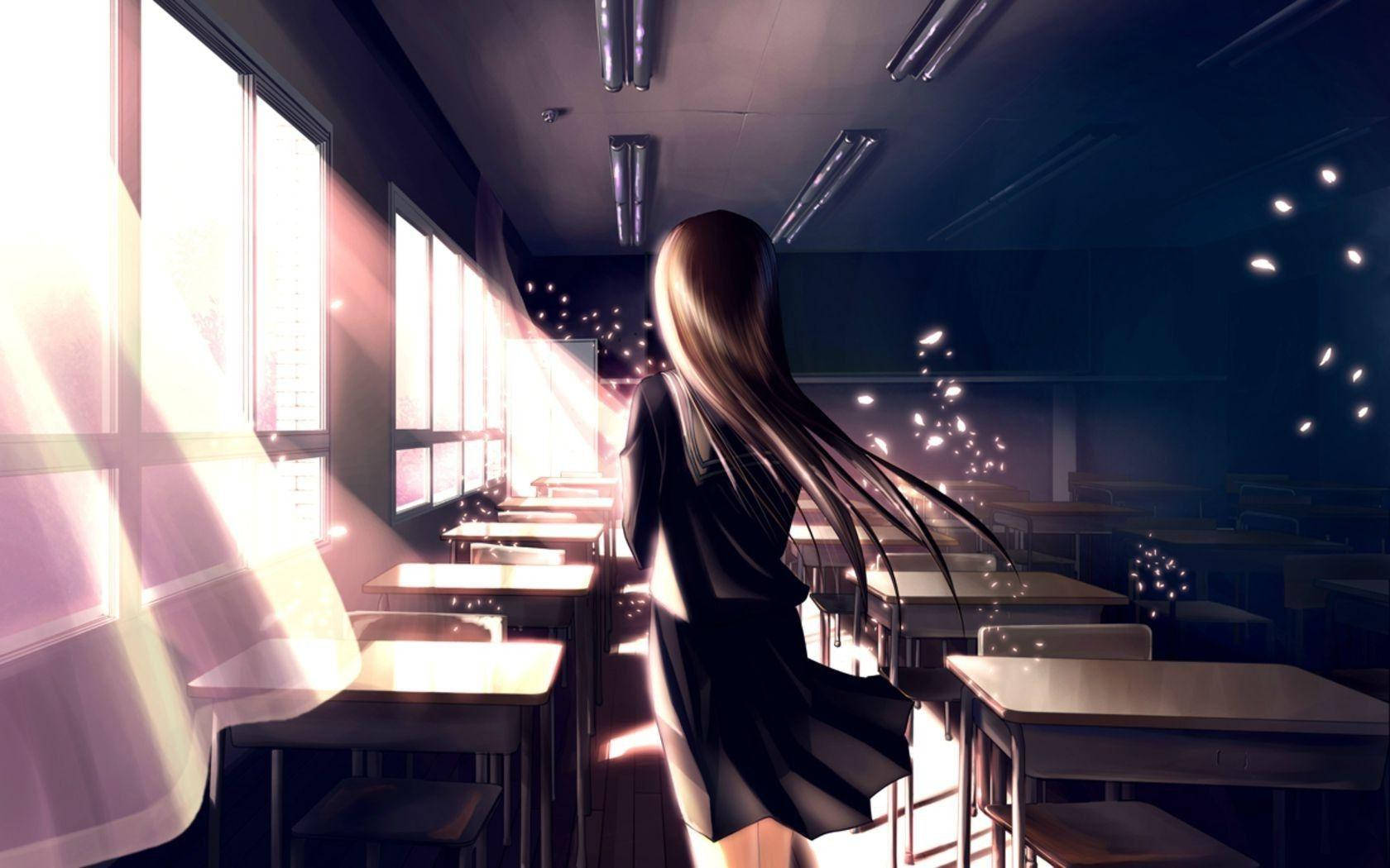 Anime School Scenery Girl In Empty Classroom Background