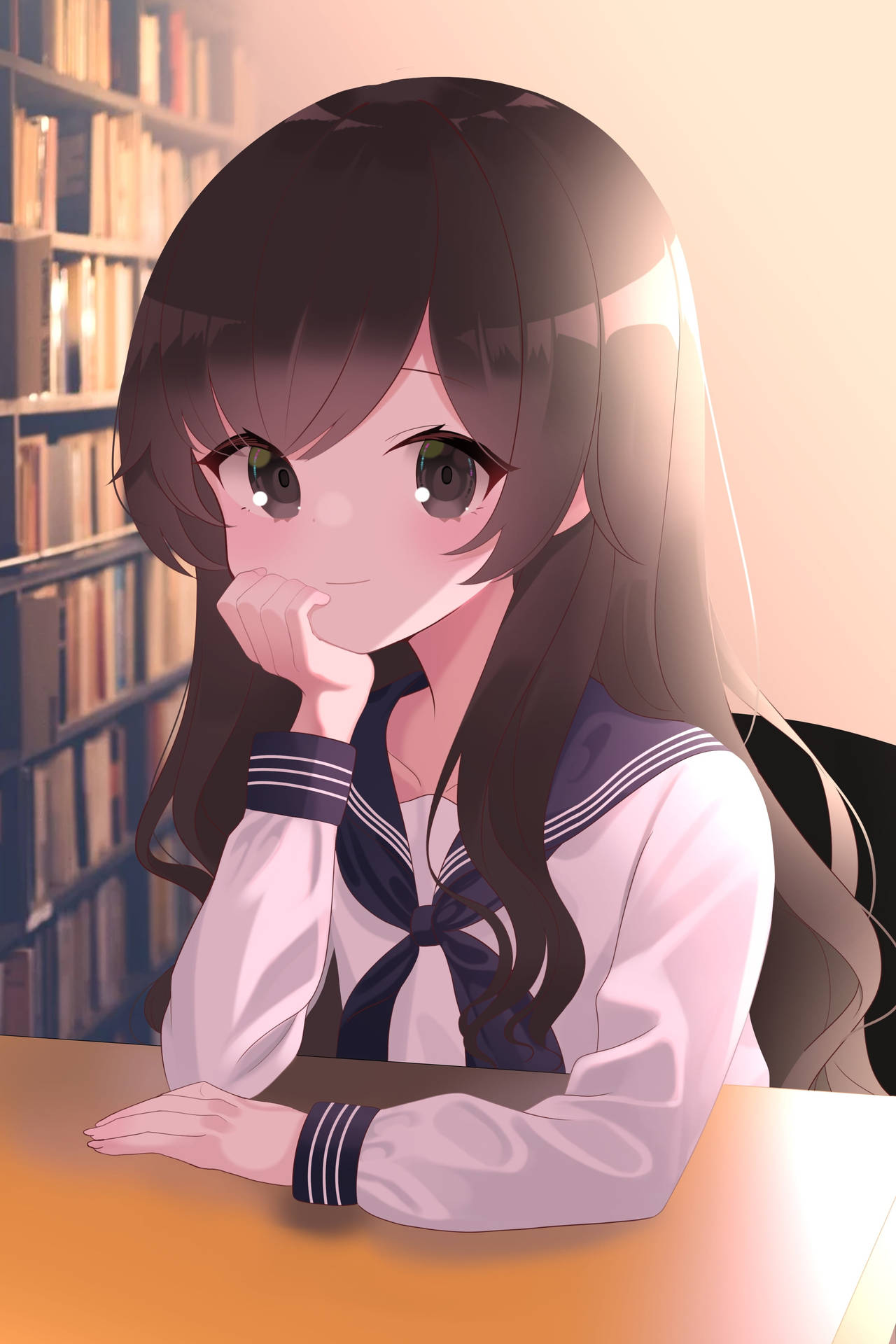 Anime School Scenery Kawaii Girl In Library Background