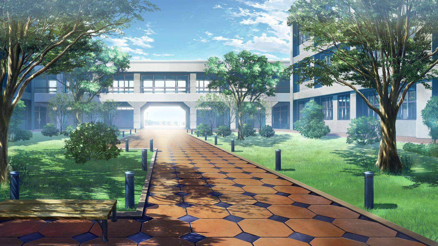 Anime School Scenery Tiled Pathway Background