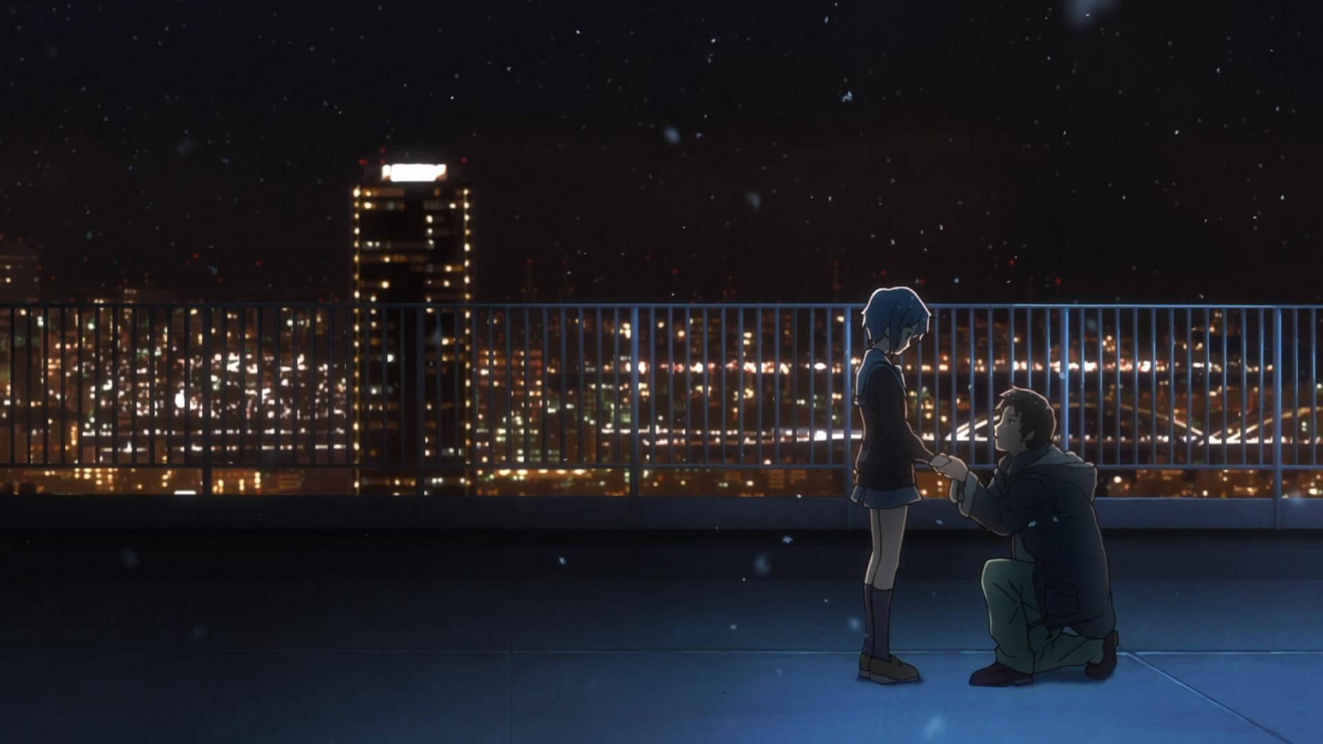 Anime School Scenery Yuki Nagato Kyon At Rooftop Night Background