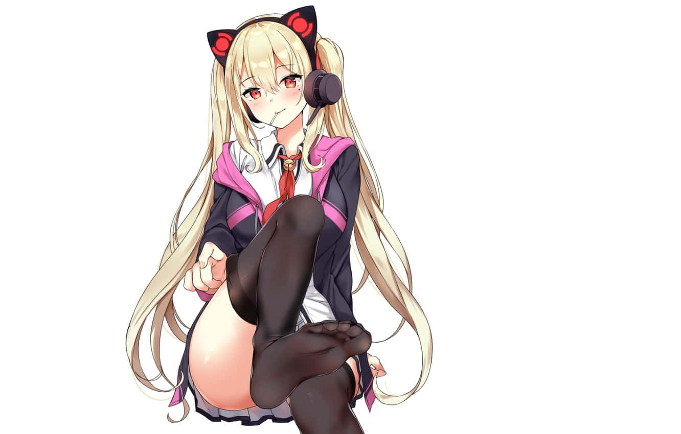 Anime Schoolgirl With Cat Ears Headphones