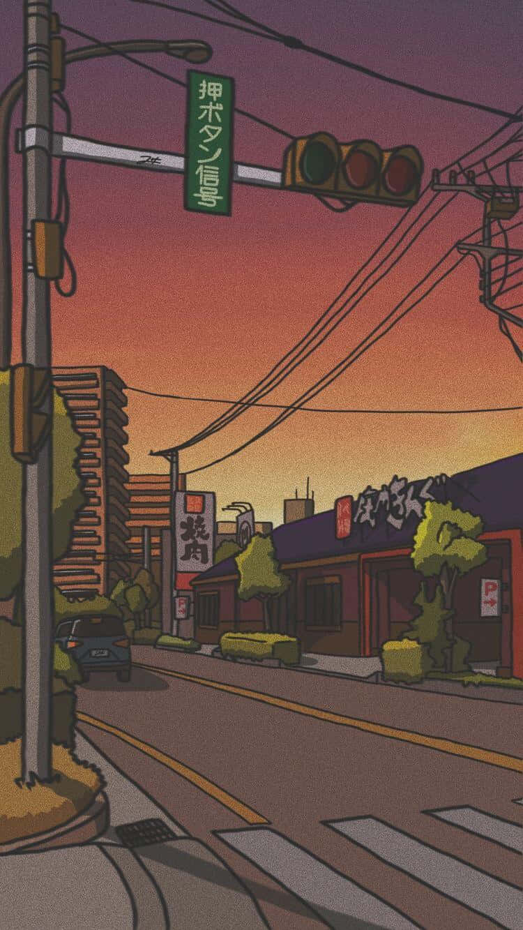 Anime Style_ Sunset_ Street_ Scene