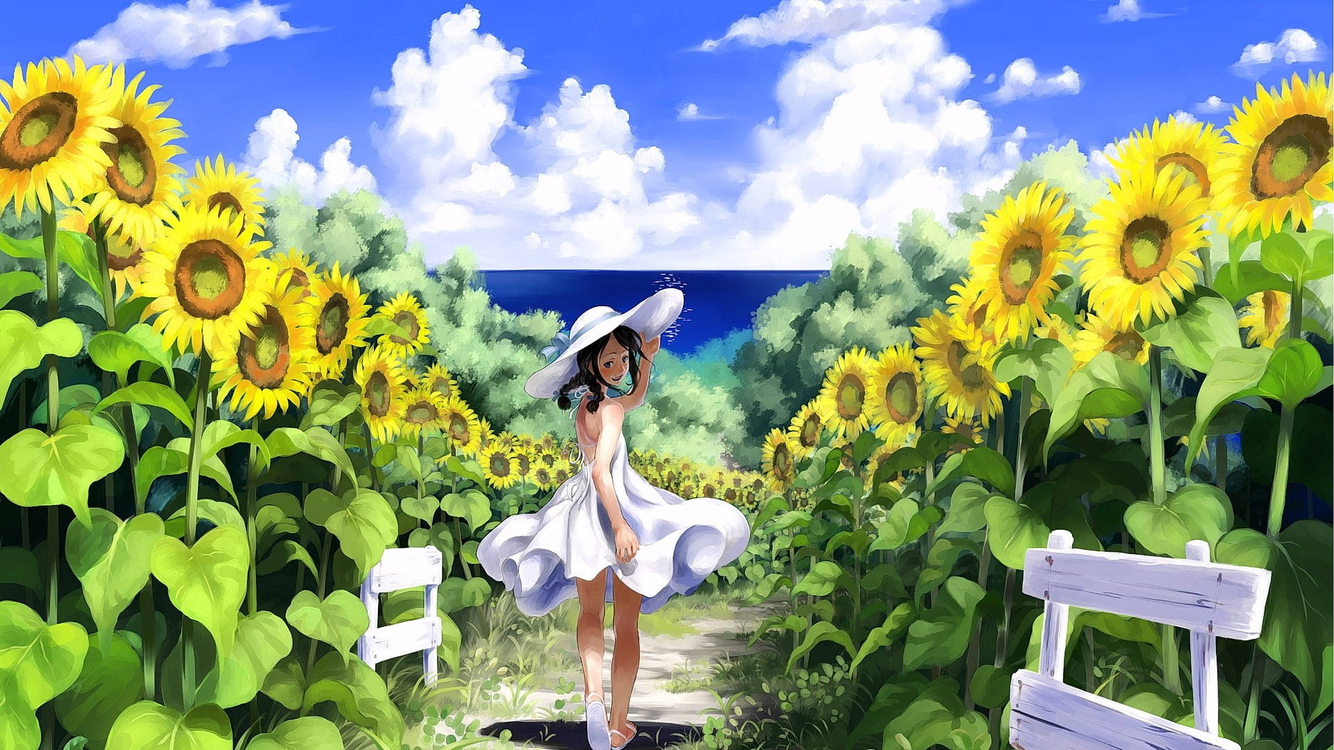 Anime Sunflower Field Laptop Background