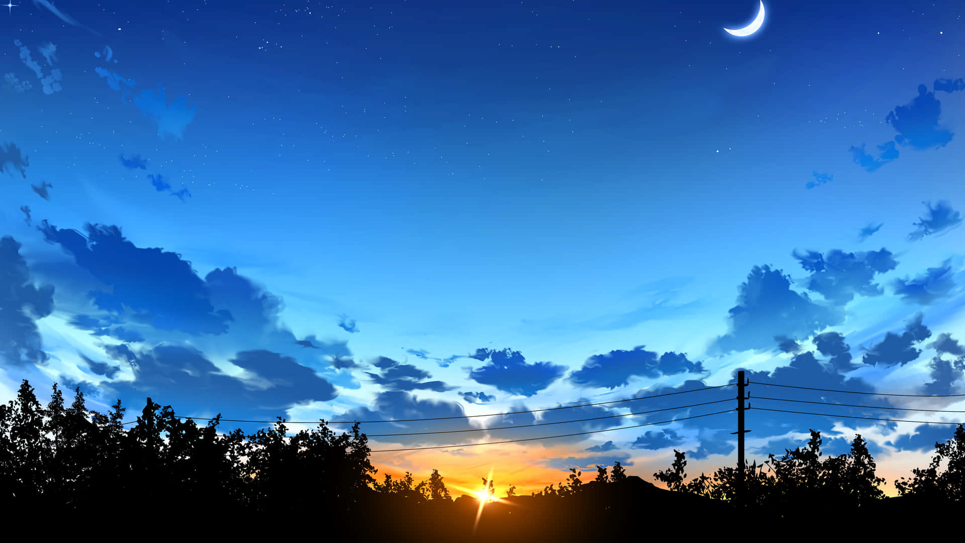 Anime Sunset With Blue Sky Background
