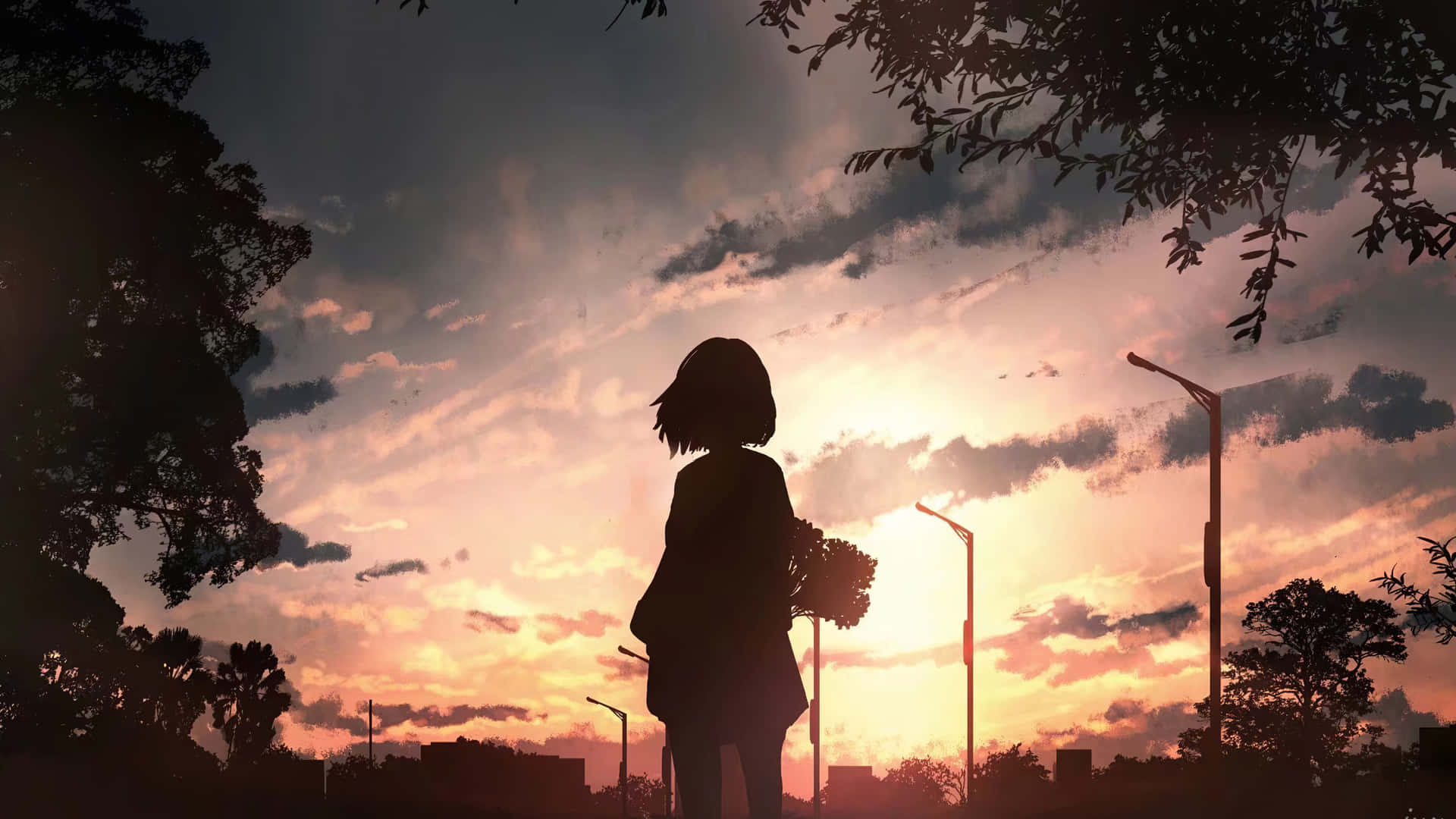 Anime Sunset With Girl Silhouette Background
