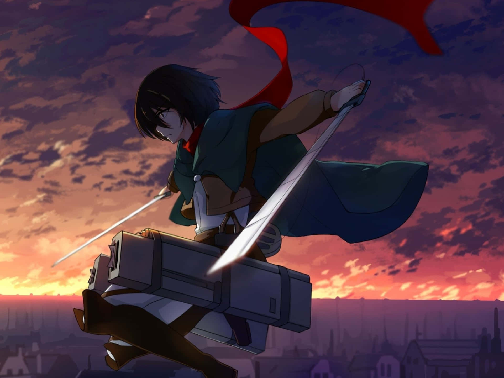 Anime Swordfighter Above City Dusk Background