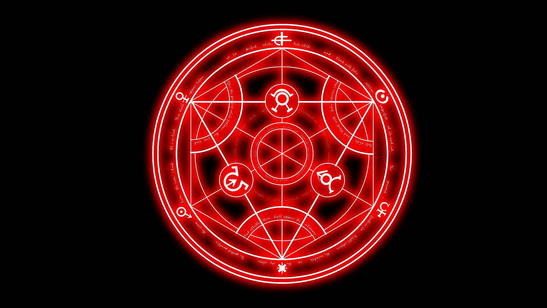 Anime Symbols Full Metal Alchemist Transmutation Circle Neon Red Background