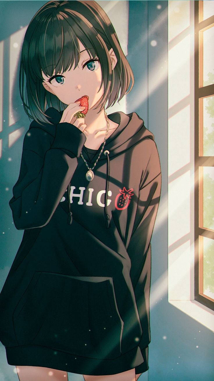 Anime Waifu Eating Strawberry In Black Hoodie Background