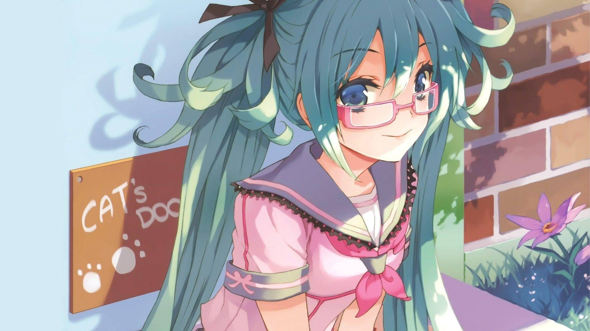 Anime Waifu Hatsune Miku Glasses And School Uniform Background