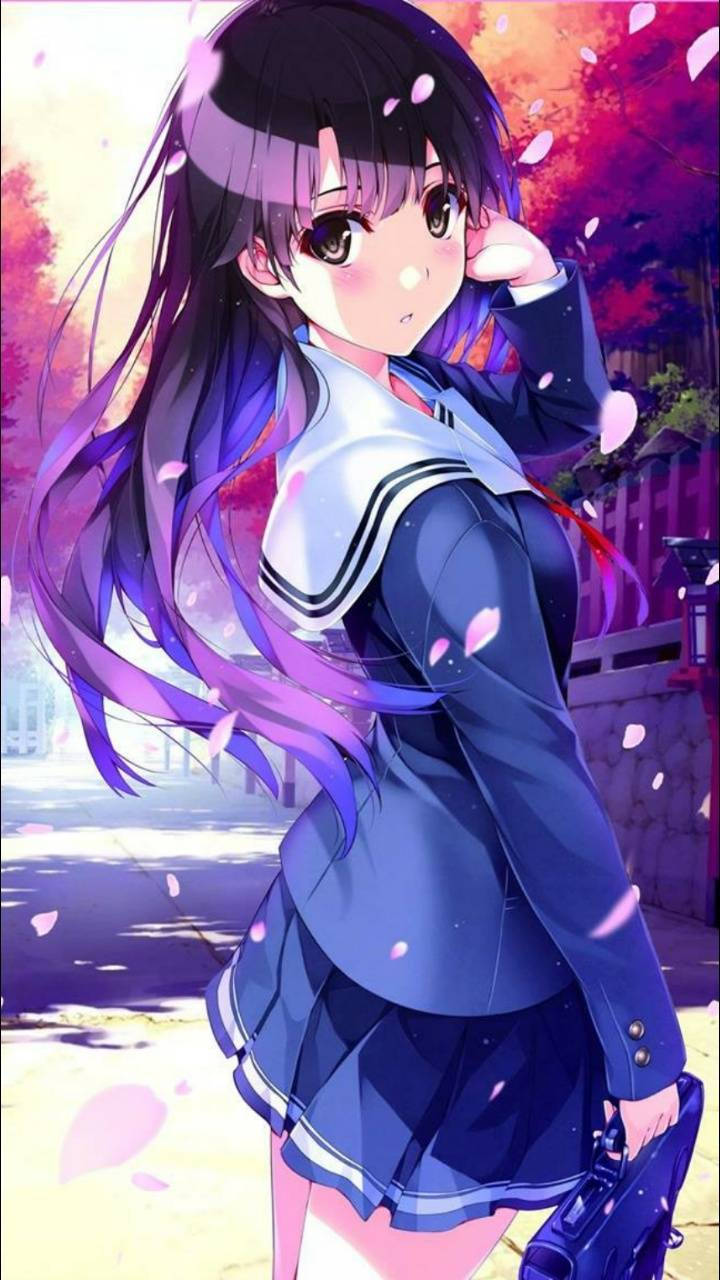 Anime Waifu Schoolgirl Cherry Blossoms Background