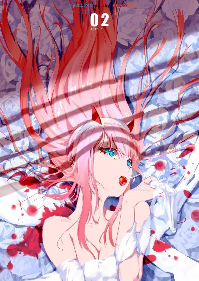Anime Waifu Zero Two Bloody White Roses Background