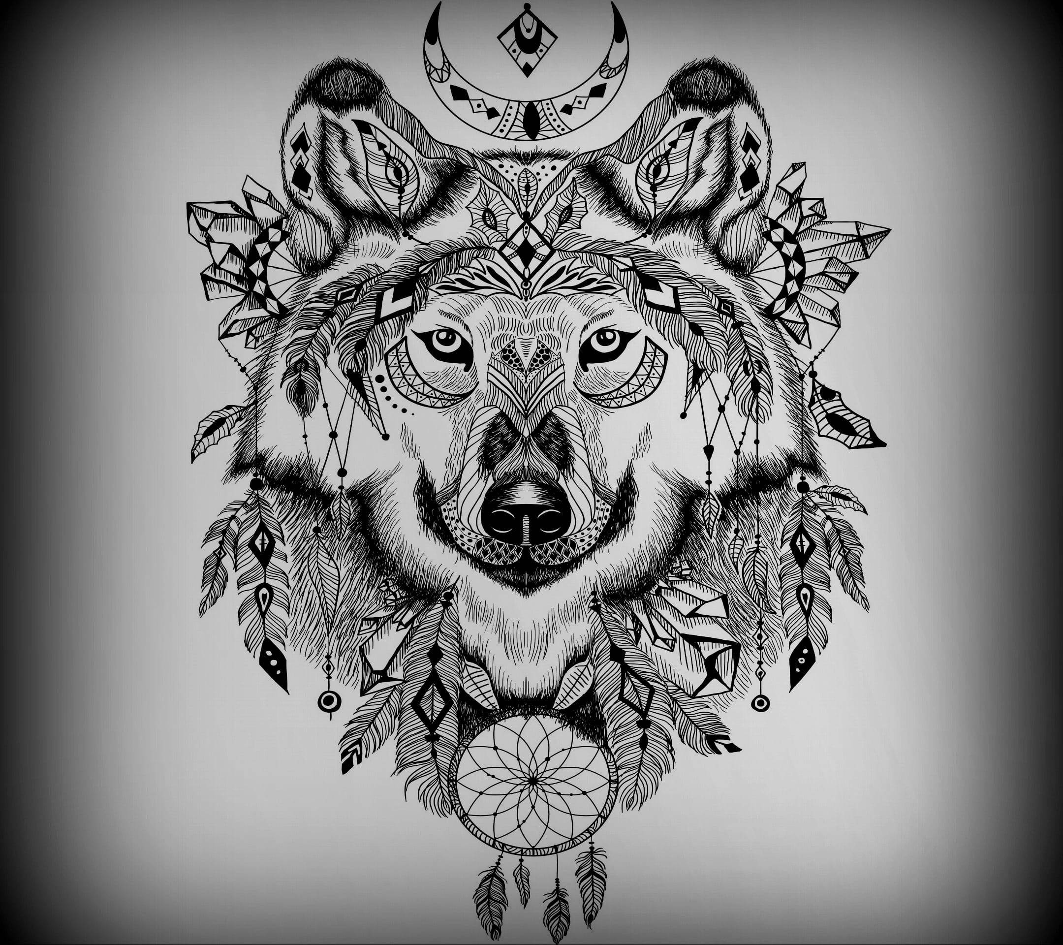 Anime Wolf Black And White Tribal Drawing Background