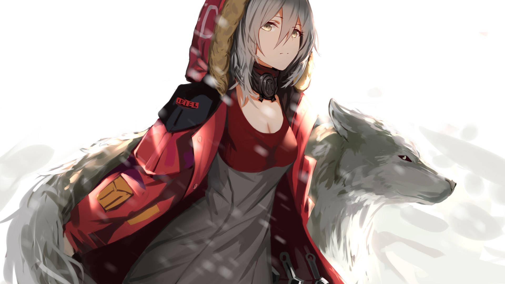 Anime Wolf Girl In Red Jacket Background