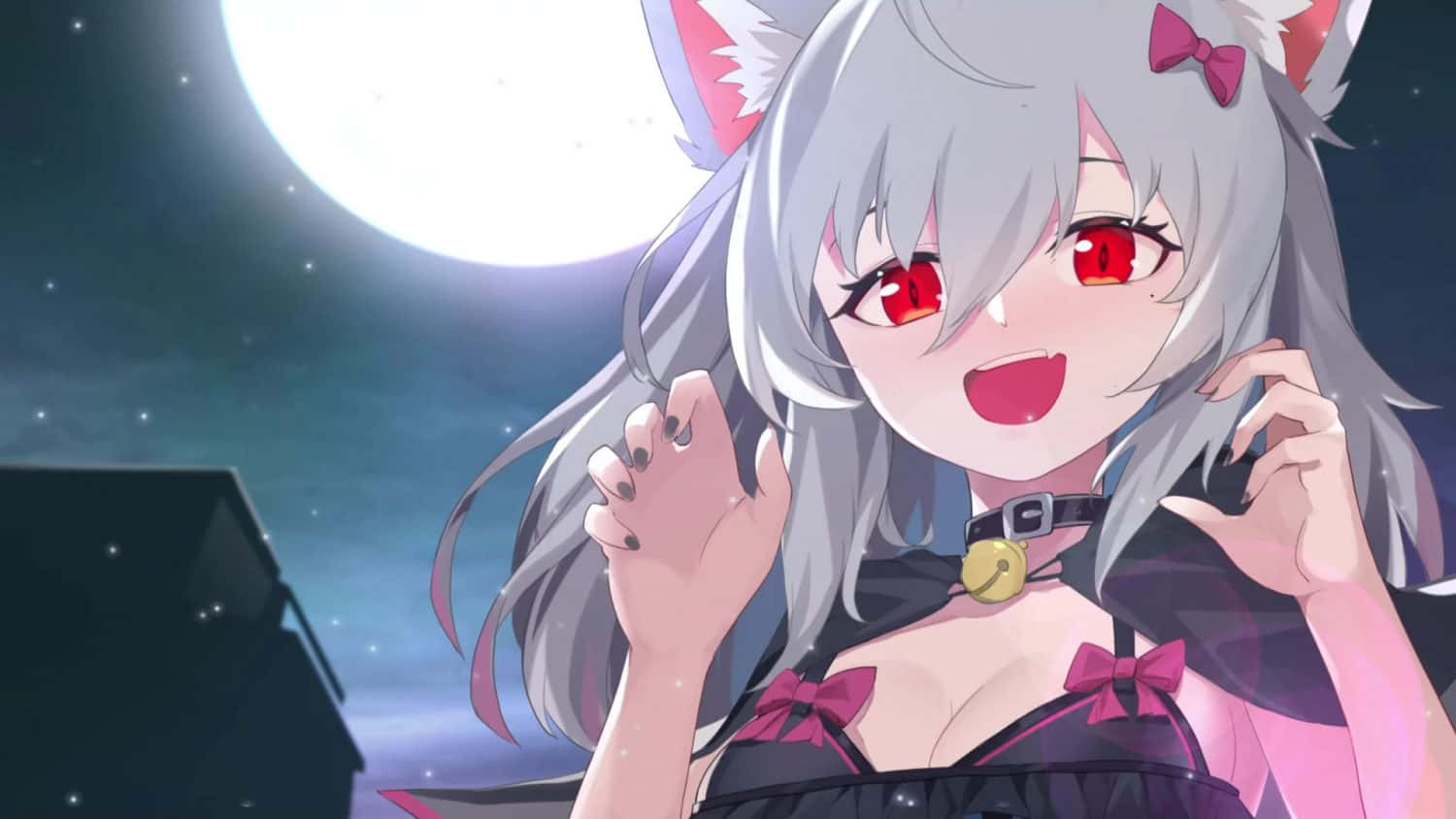 Anime Wolf Girl Moonlight Smile Background