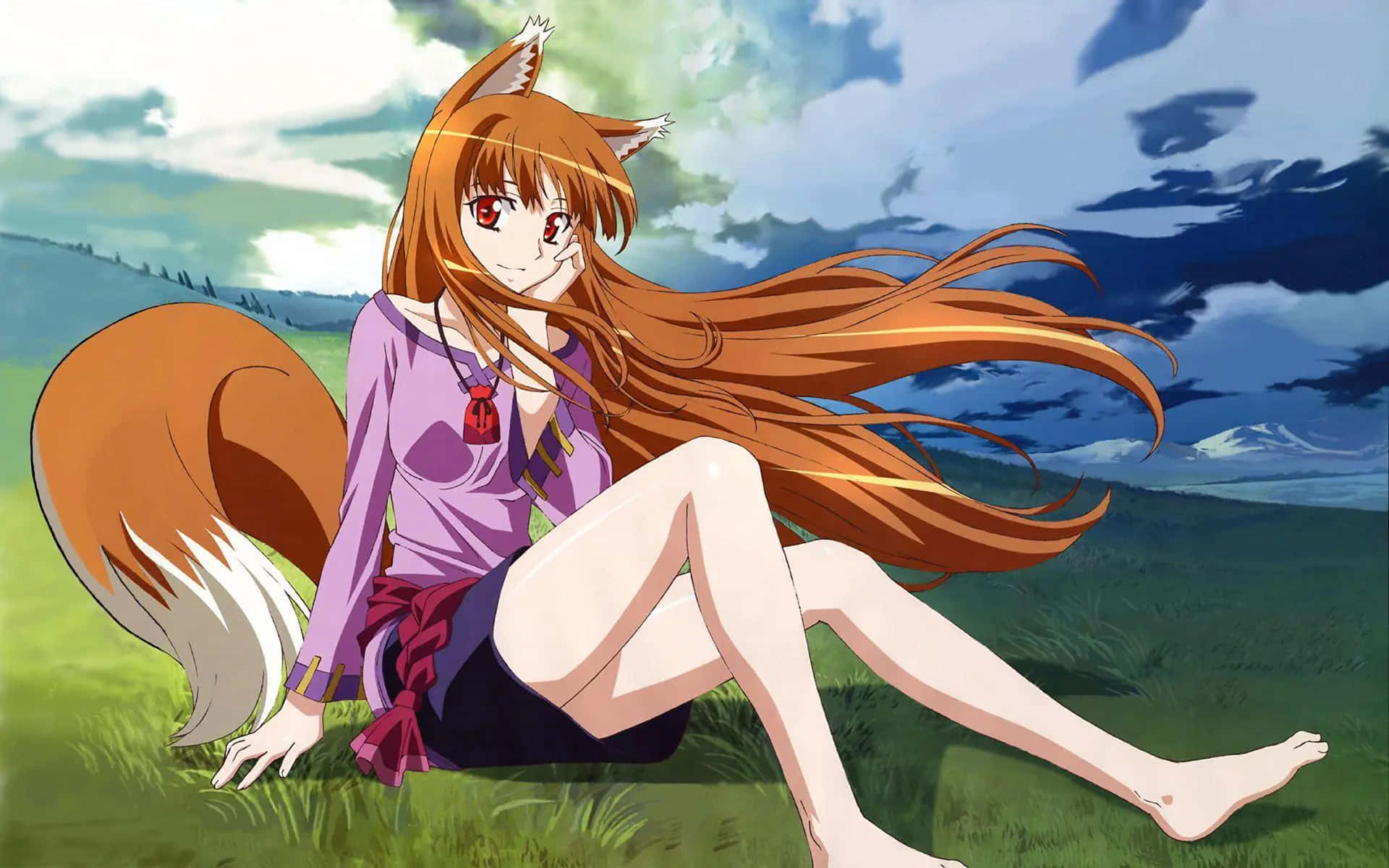 Anime Wolf Girlin Meadow Background