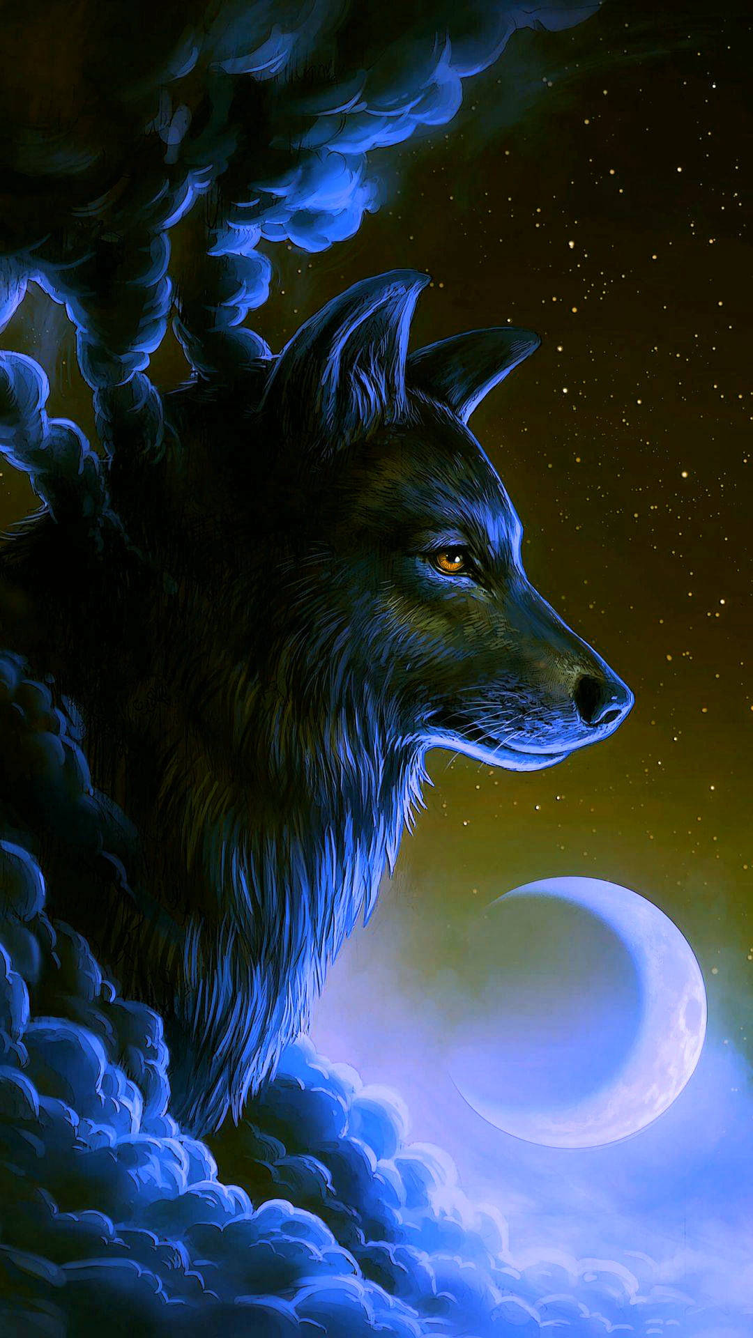 Anime Wolf In The Clouds With The Moon