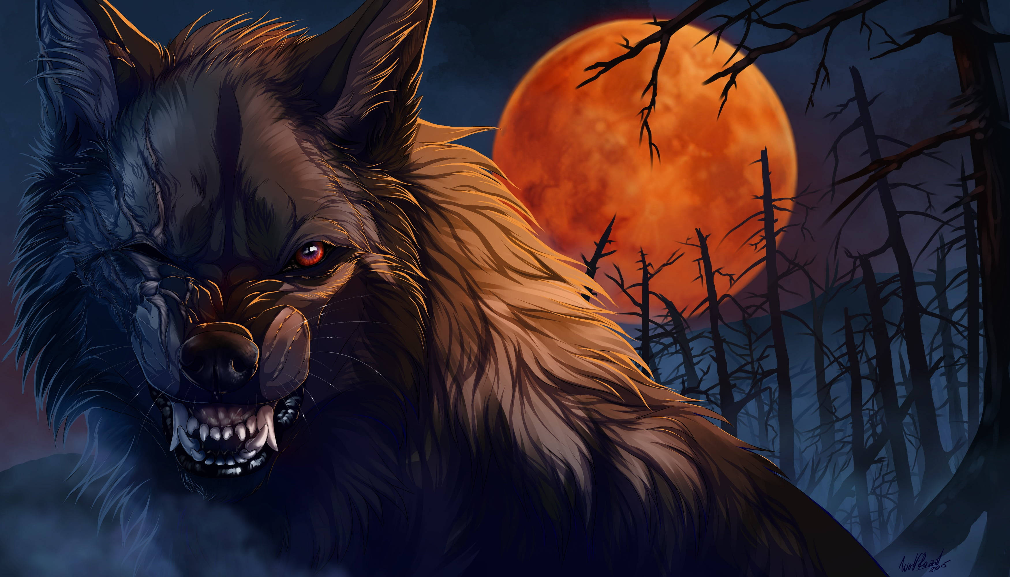 Anime Wolf One Eye Red Moon Forest Background