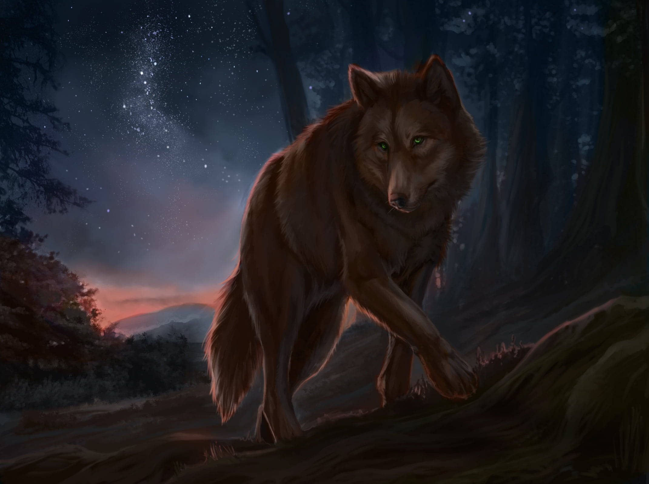 Anime Wolf Painting Forest At Night Background