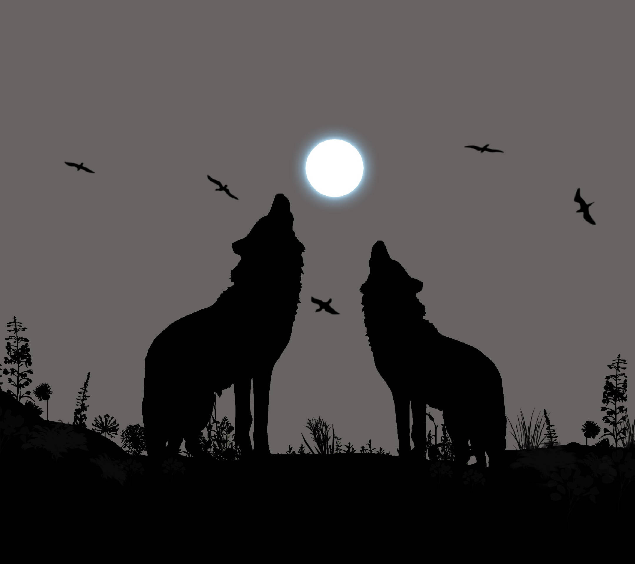 Anime Wolf Silhouettes Howling At Moon