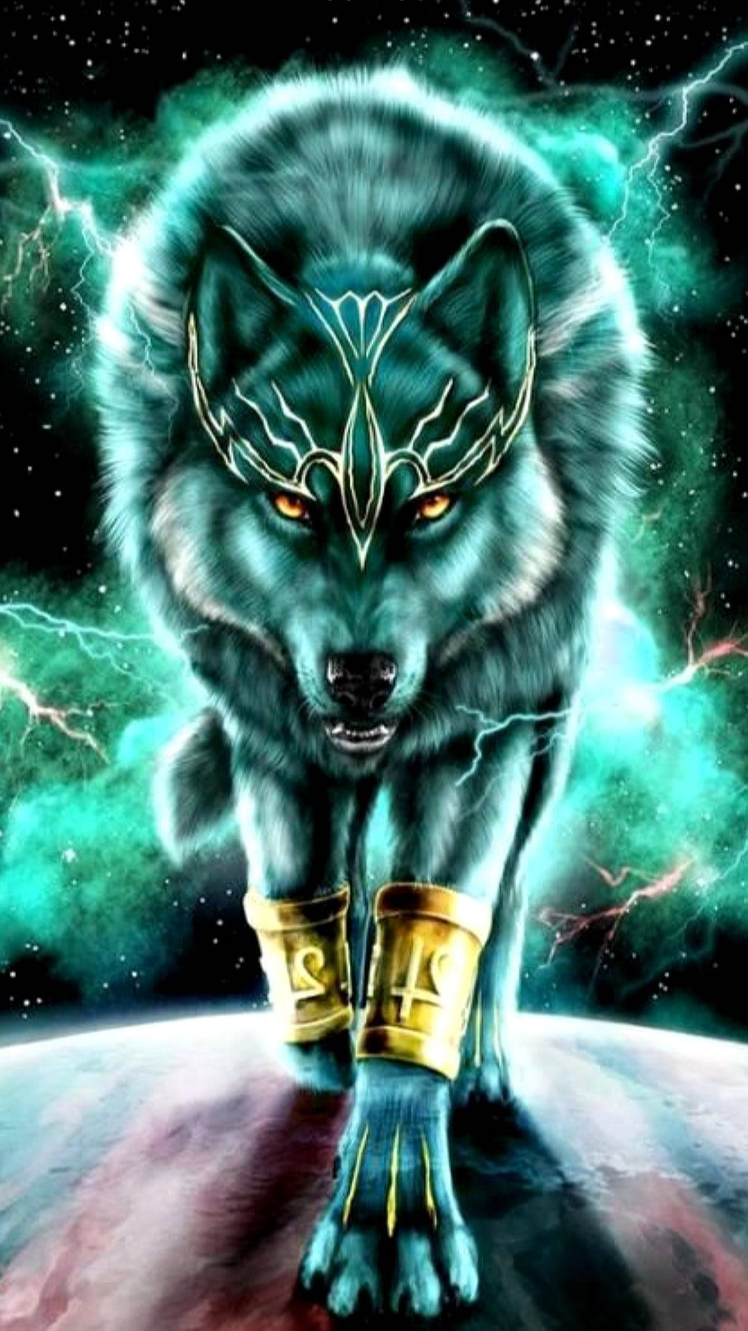 Anime Wolf Walking On Planet Neon Blue Background