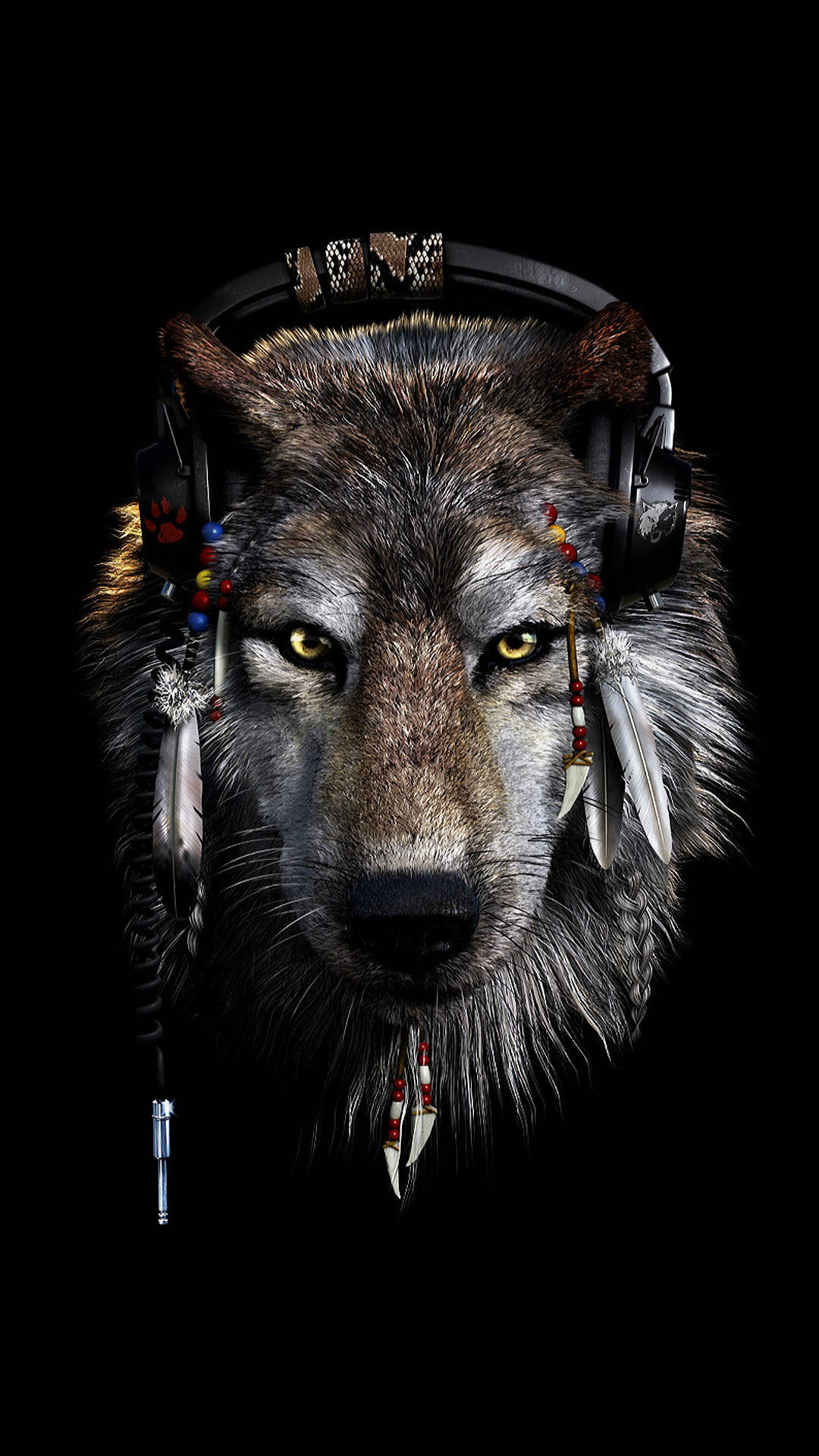 Anime Wolf With Headphones On Black Background