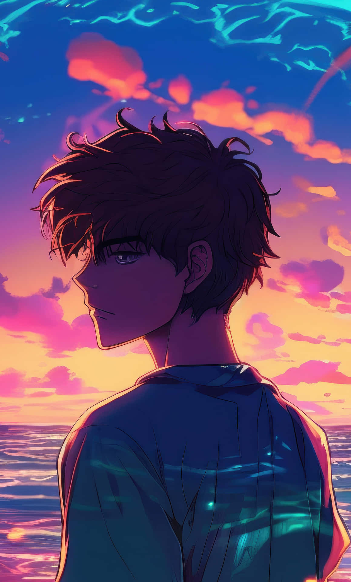 Anime Youth Gazing Into Sunset Background