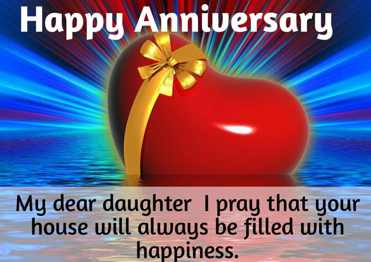 Anniversary And Red Heart With Gold Ribbon Background