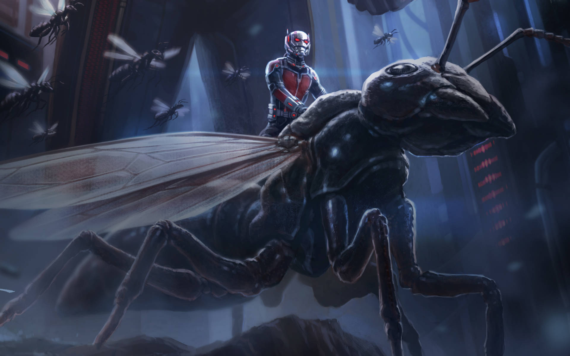 Ant Man Superhero Riding Wasp Background