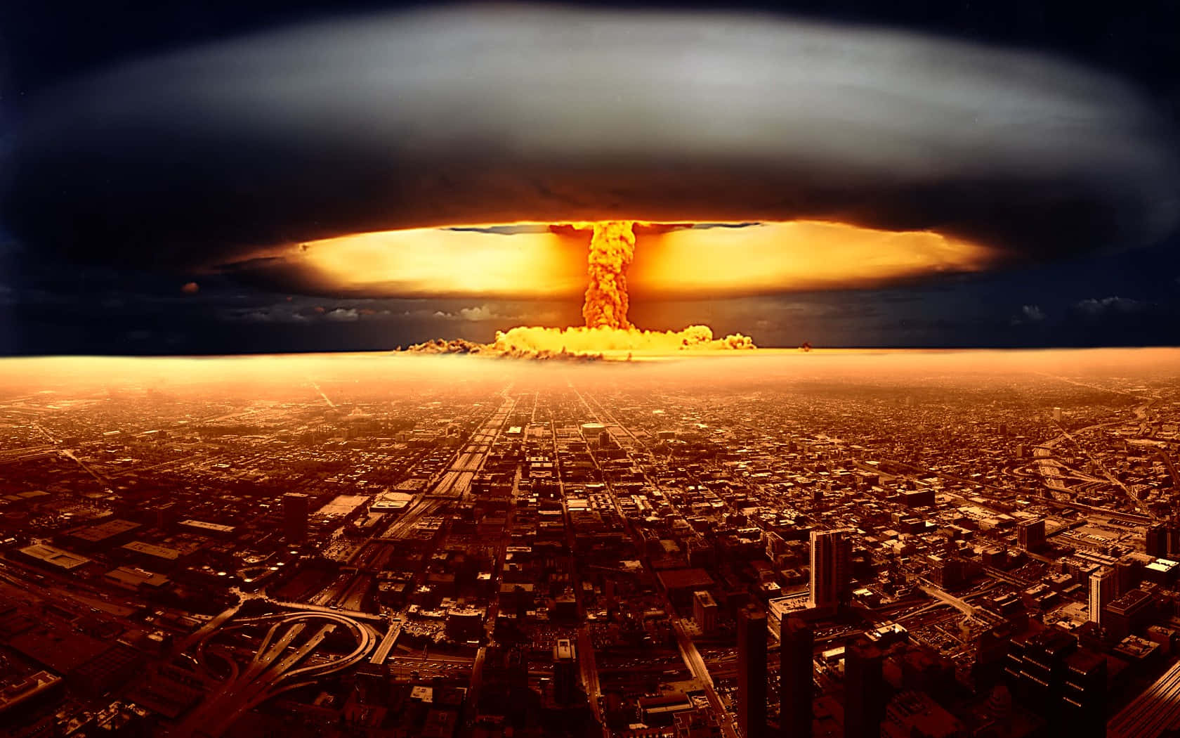 Apocalyptic Nuclear Explosion Over Cityscape Background