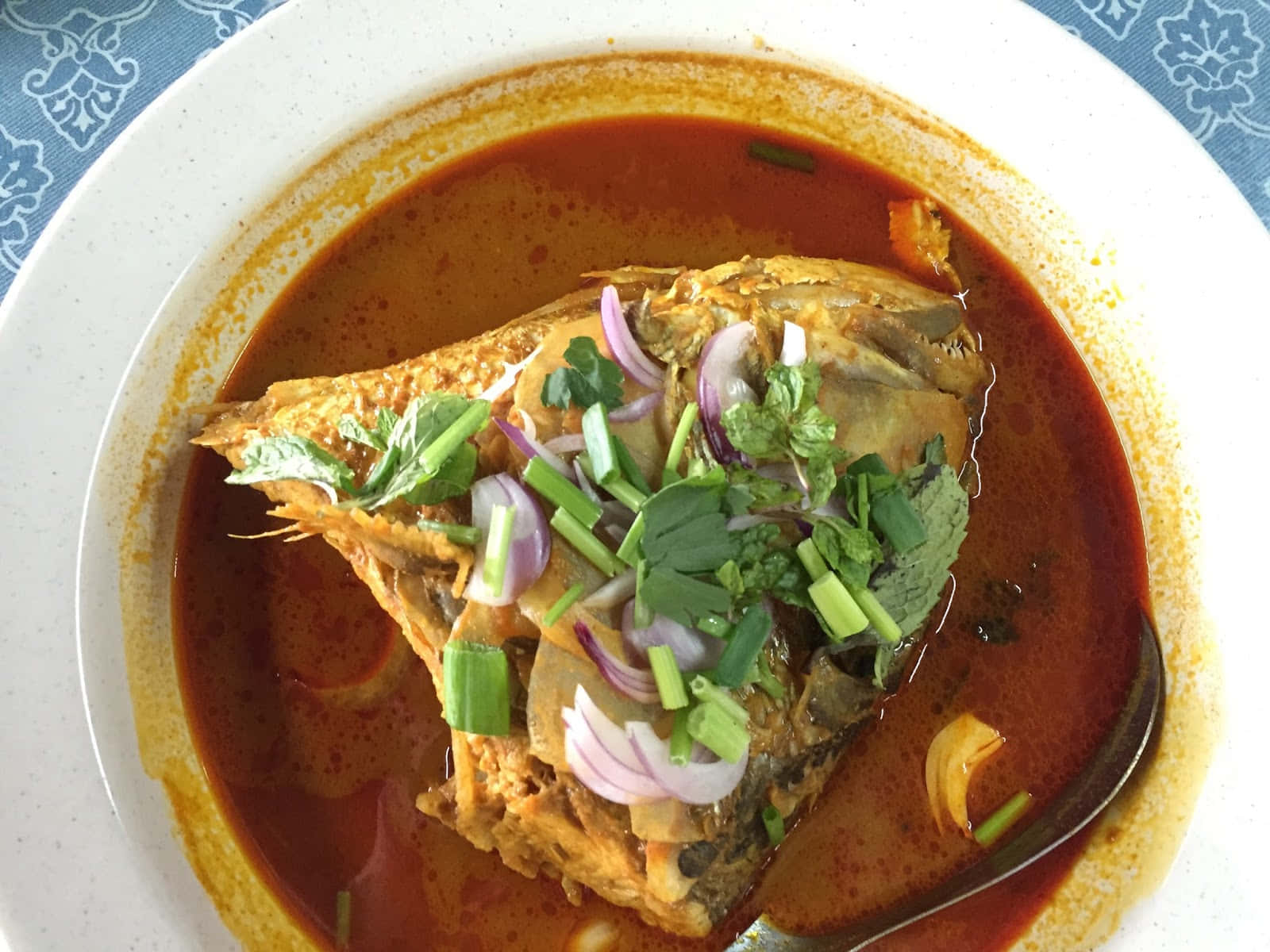 Appealing Fish Head Curry Dish High Angle Shot Background