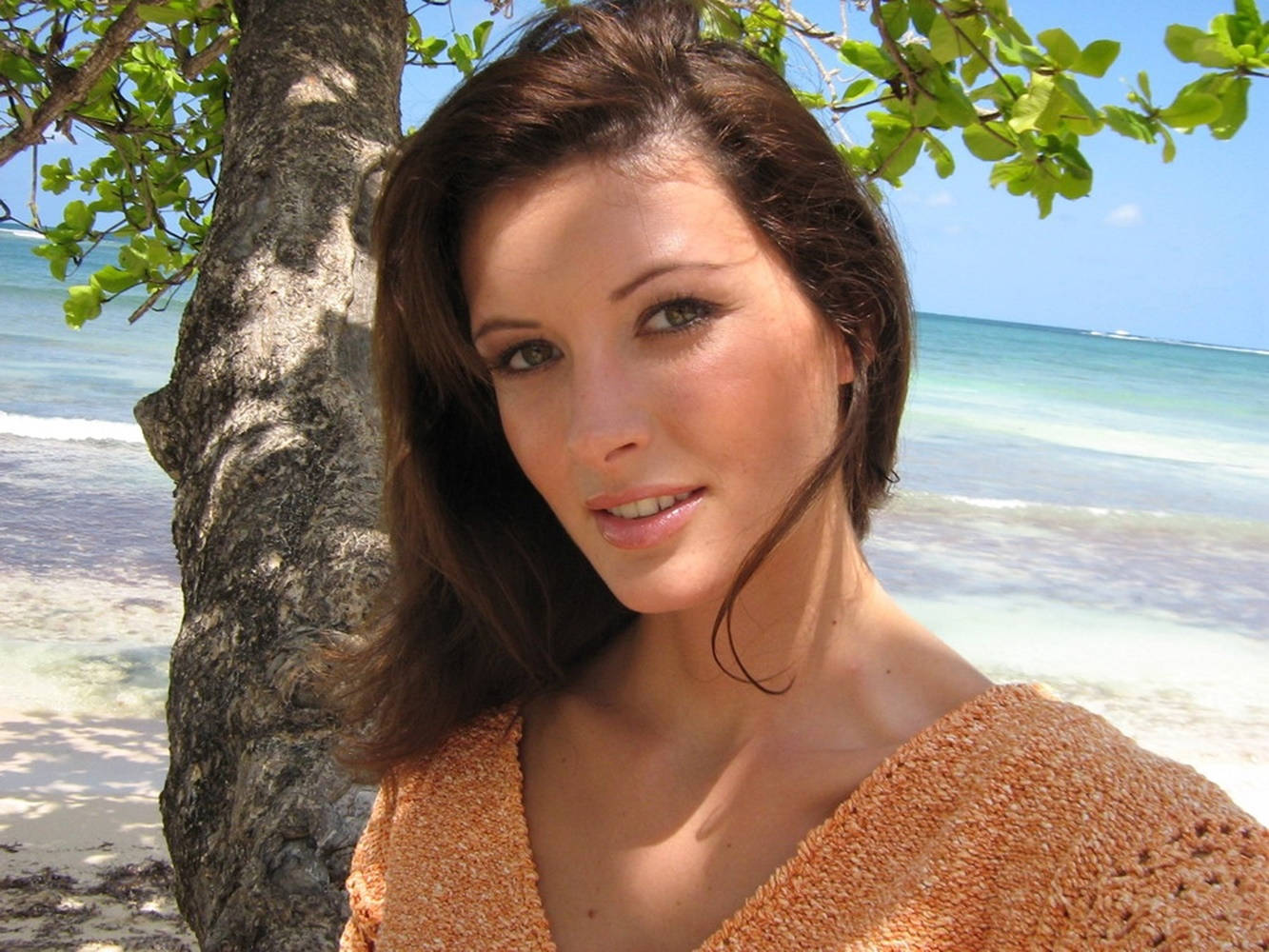 April Bowlby Near A Tree At The Beach Background