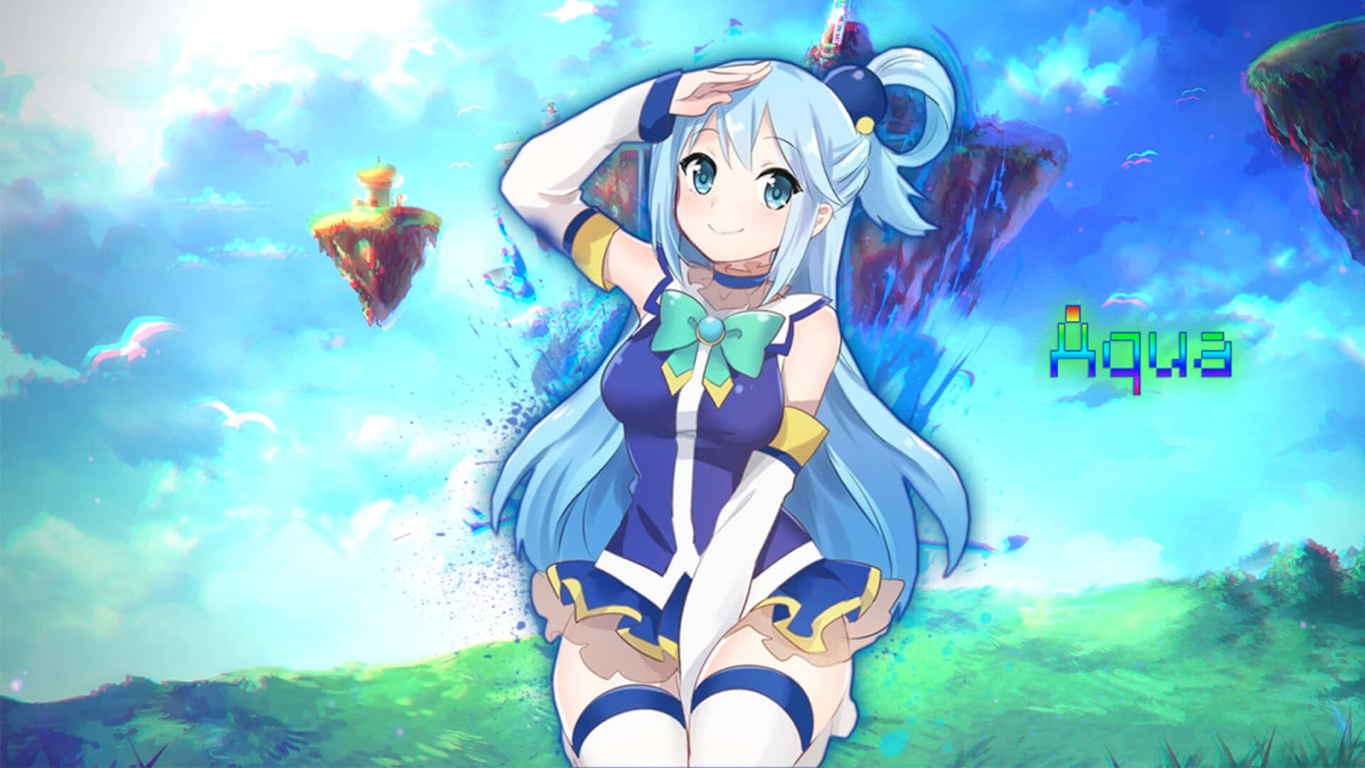 Aqua Anime Character Floating Islands Background