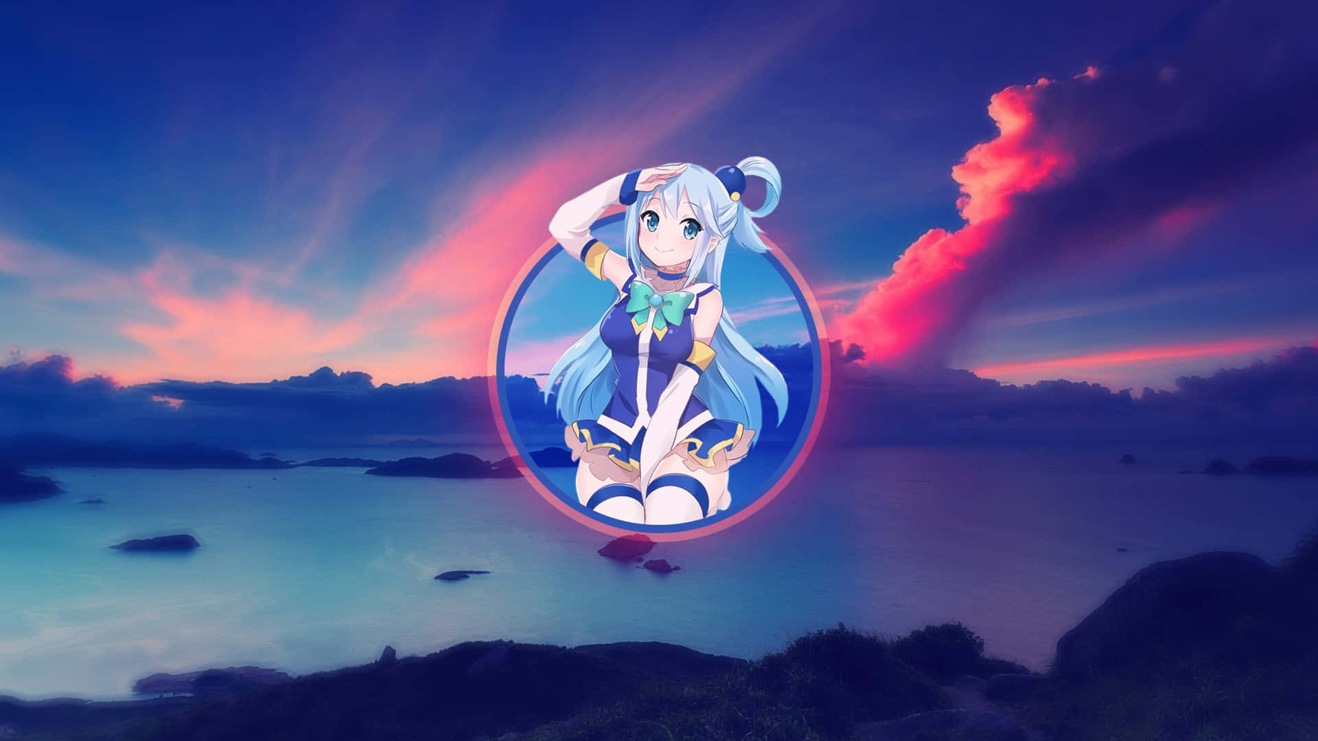 Aqua Anime Character Sunset Backdrop Background