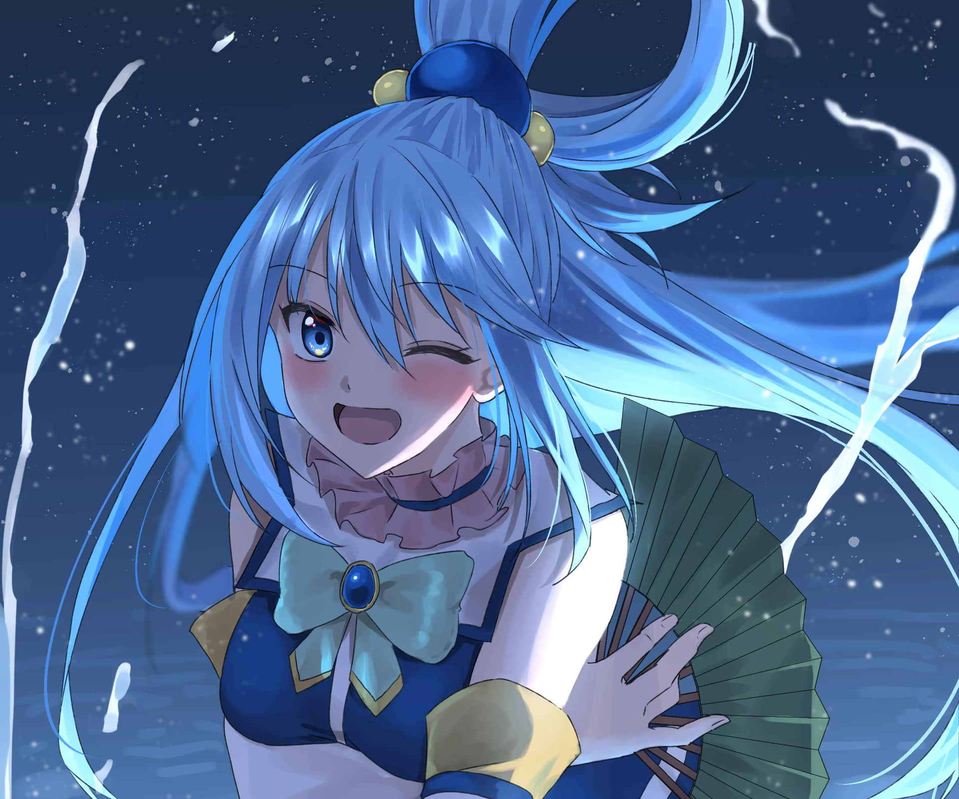 Aqua Blue Hair Anime Character Night Sky Background