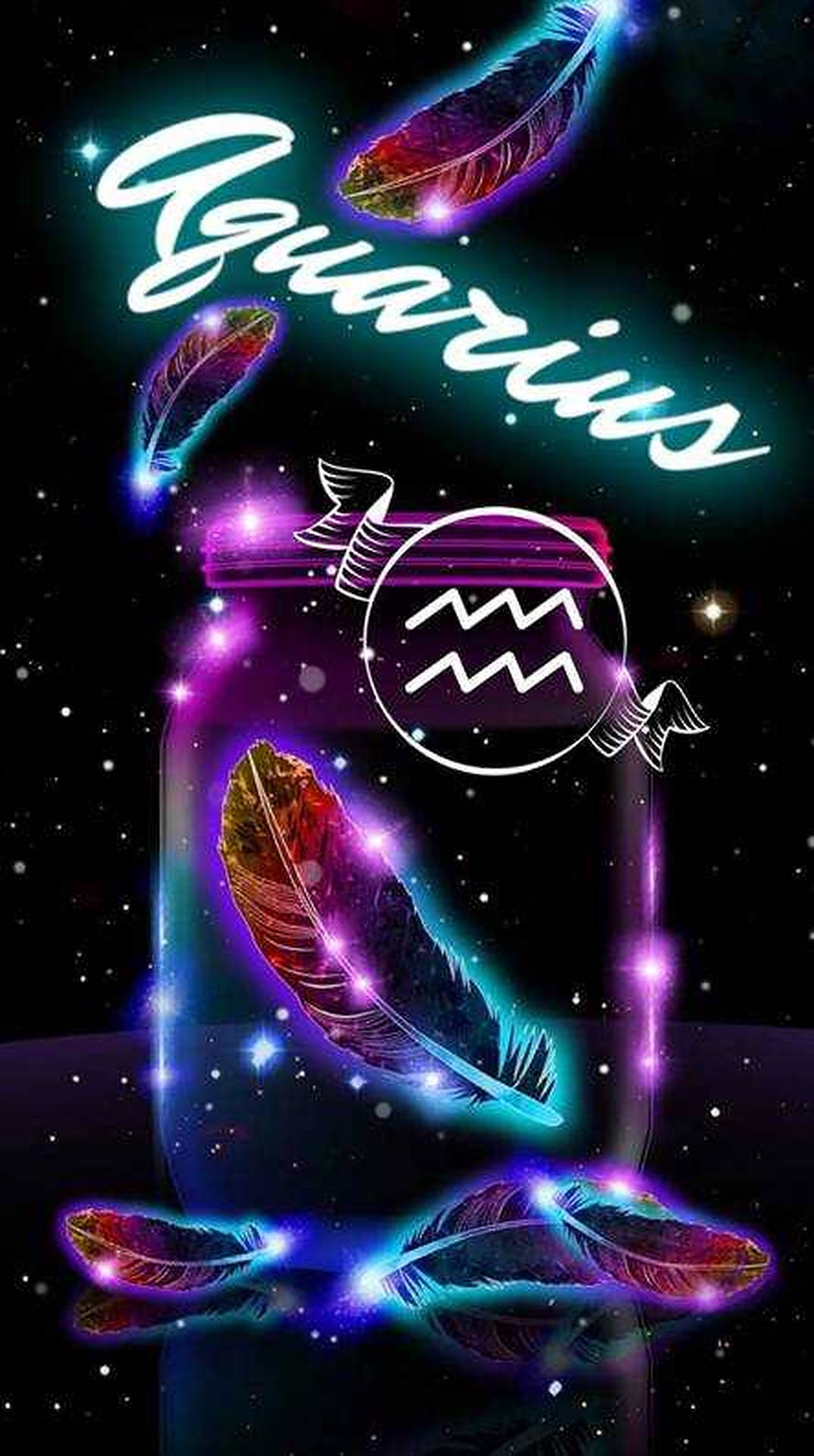 Aquarius Zodiac Neon Feathers