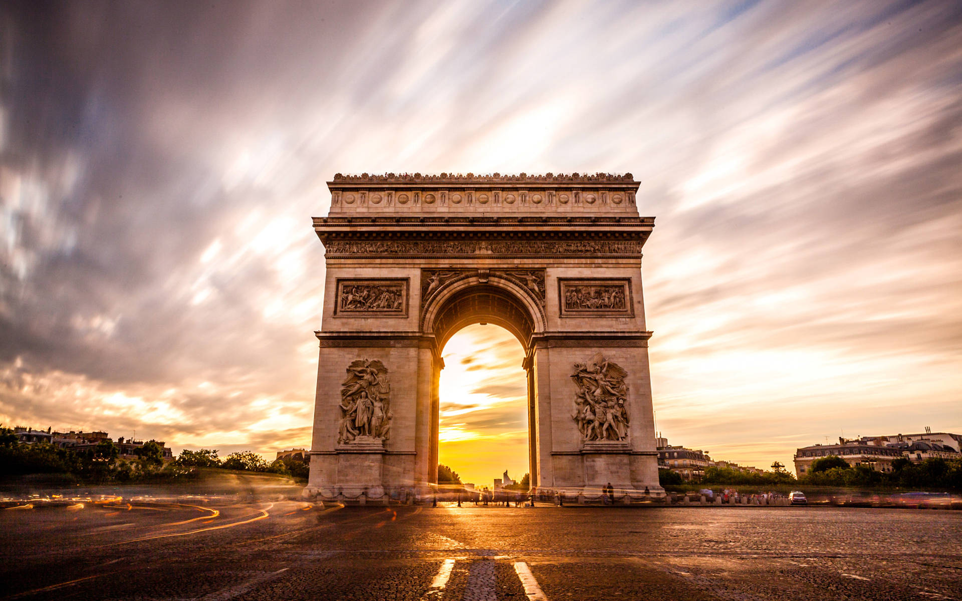 Arc De Triomphe Orange Sky Background