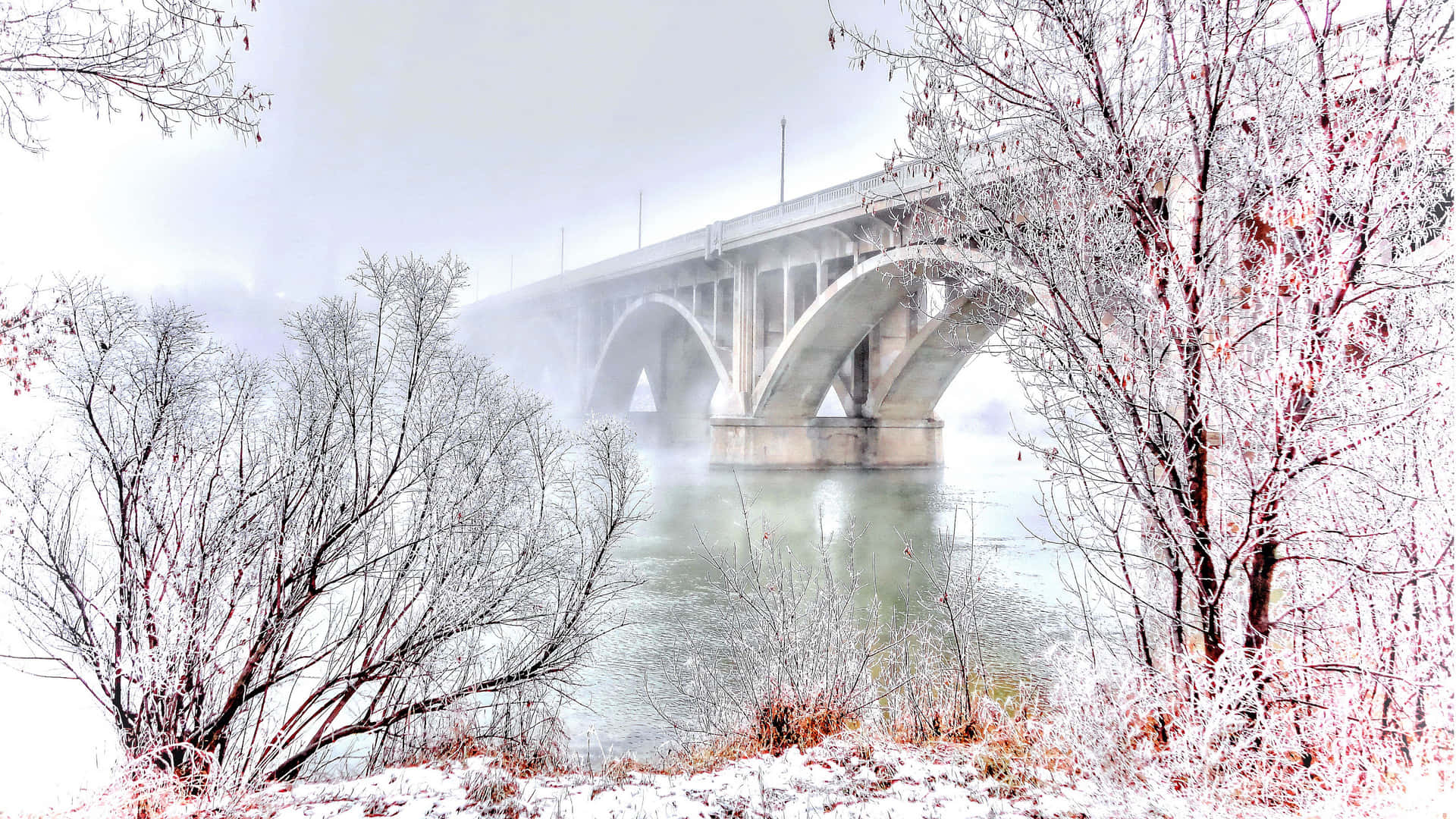 Arch Bridge Winter Scenery Desktop Background