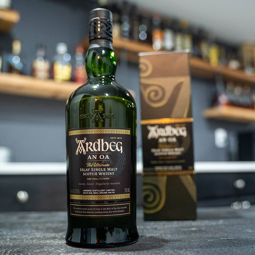 Ardbeg An Oa Whisky Bottle Selective Focus Background