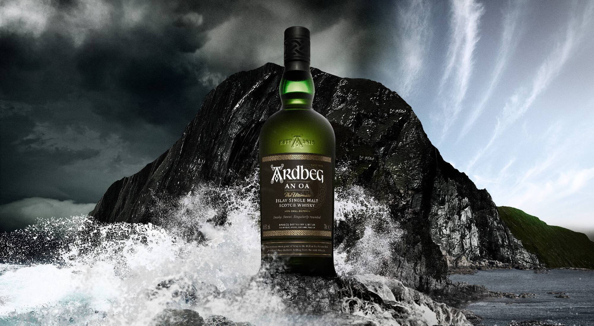 Ardbeg An Oa Whisky In Ocean Waves Background