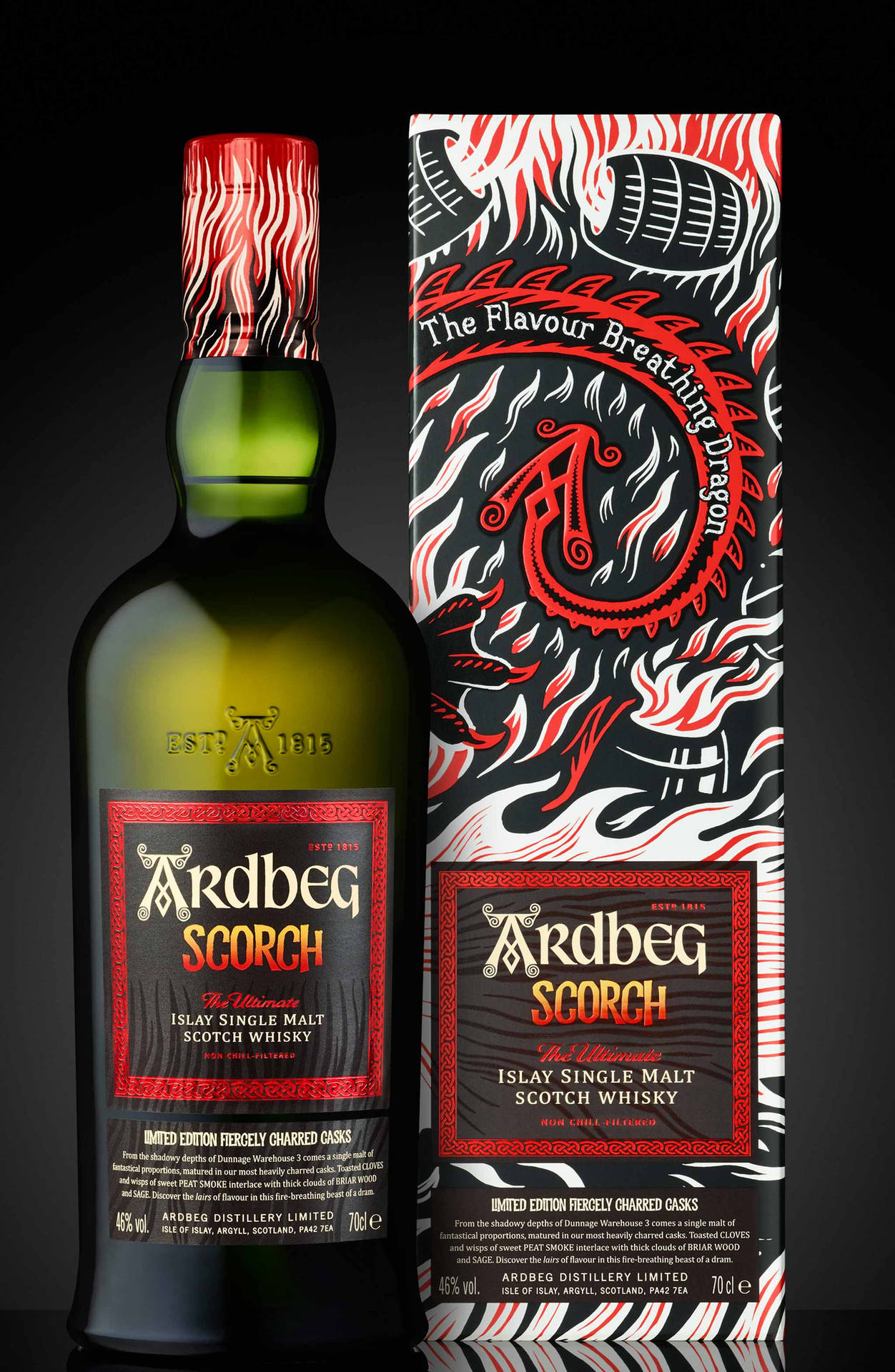 Ardbeg Scorch Whisky Bottle And Box Background