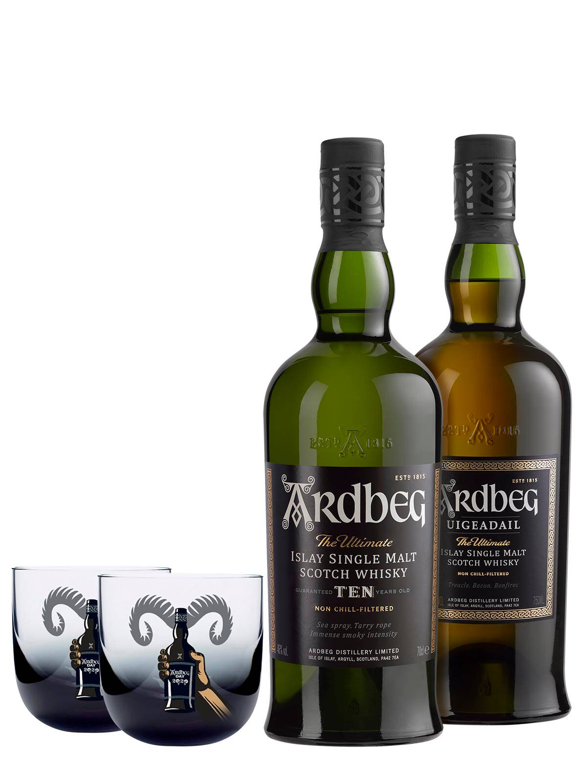 Ardbeg Ten And Uigread Whisky Bottle With Two Shot Glasses Background